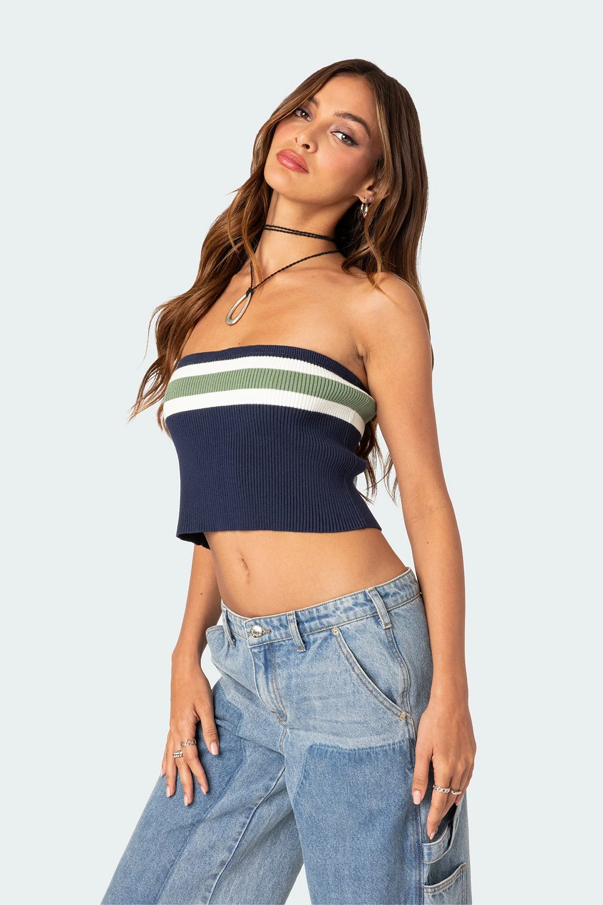 Striped Knit Tube Top in Cyprus Mix Color
