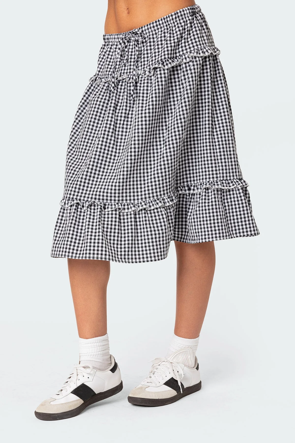 Black and White Plaid Tiered Midi Skirt