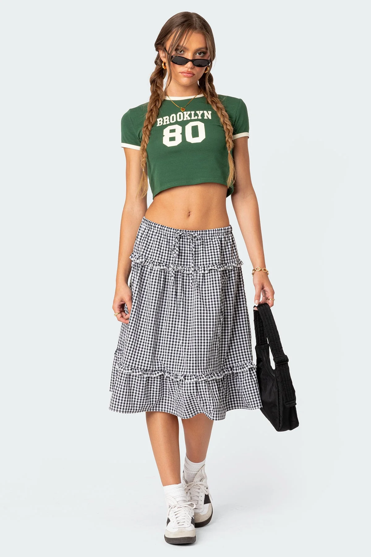 Black and White Plaid Tiered Midi Skirt