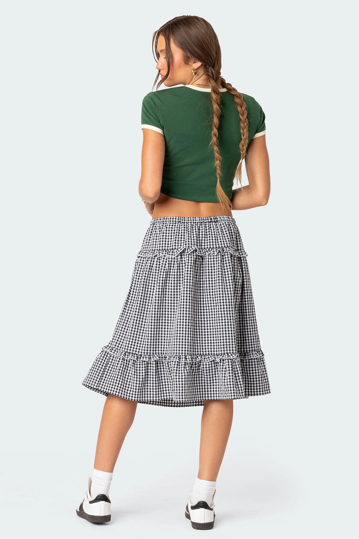 Black and White Plaid Tiered Midi Skirt