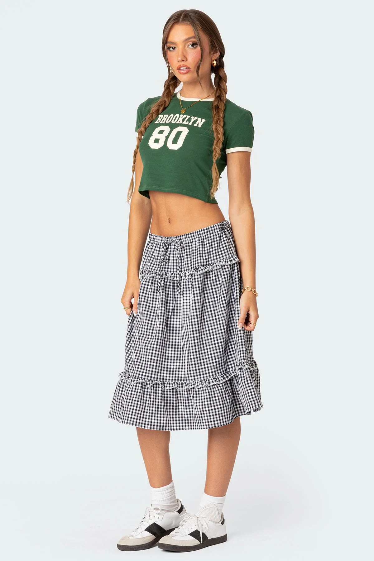 Black and White Plaid Tiered Midi Skirt