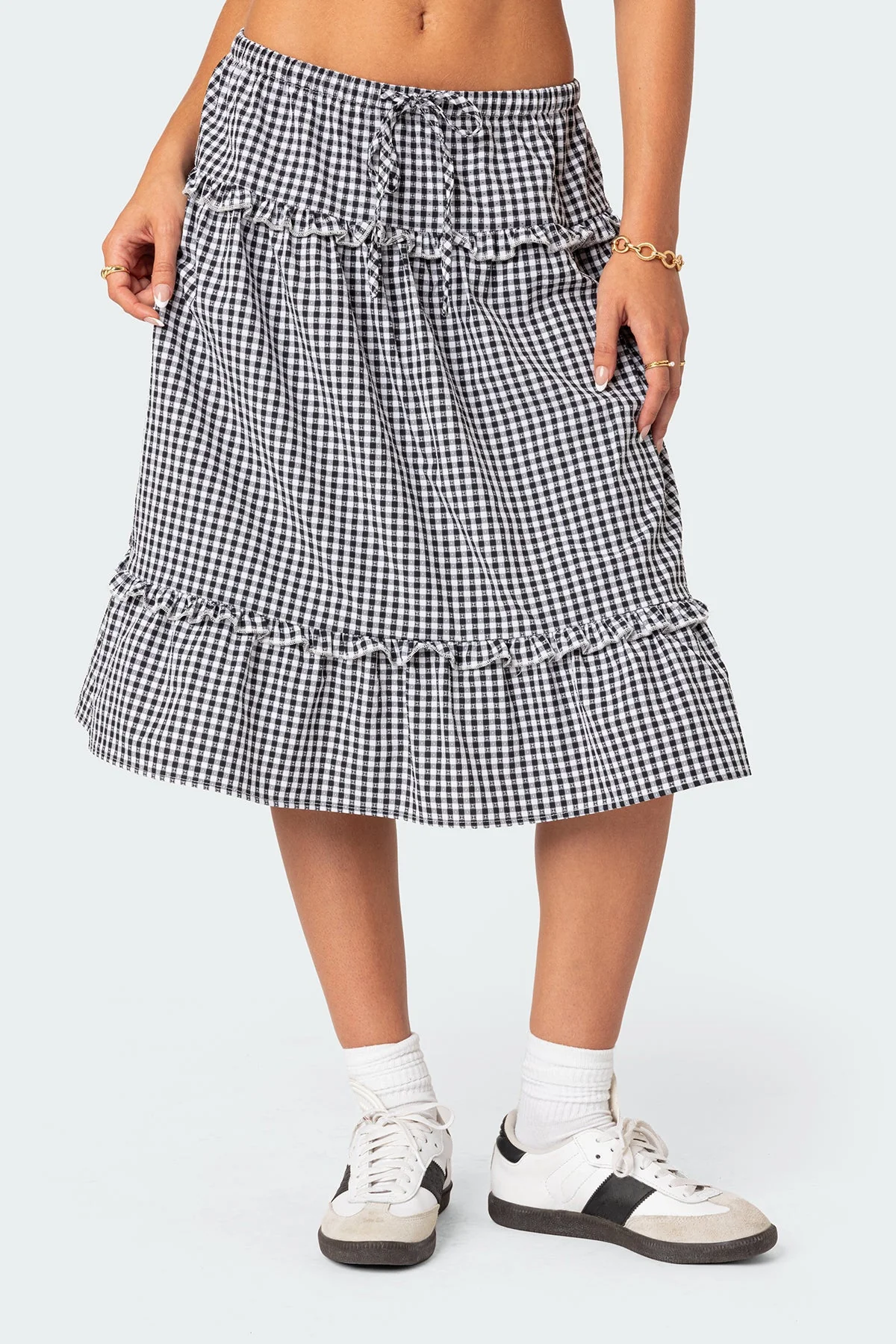 Black and White Plaid Tiered Midi Skirt