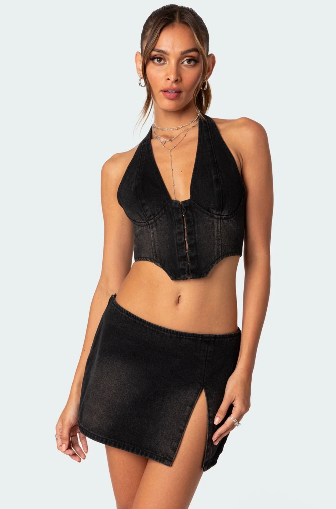 Denim Lace-Up Corset Top in Black Washed - Katrina Collection