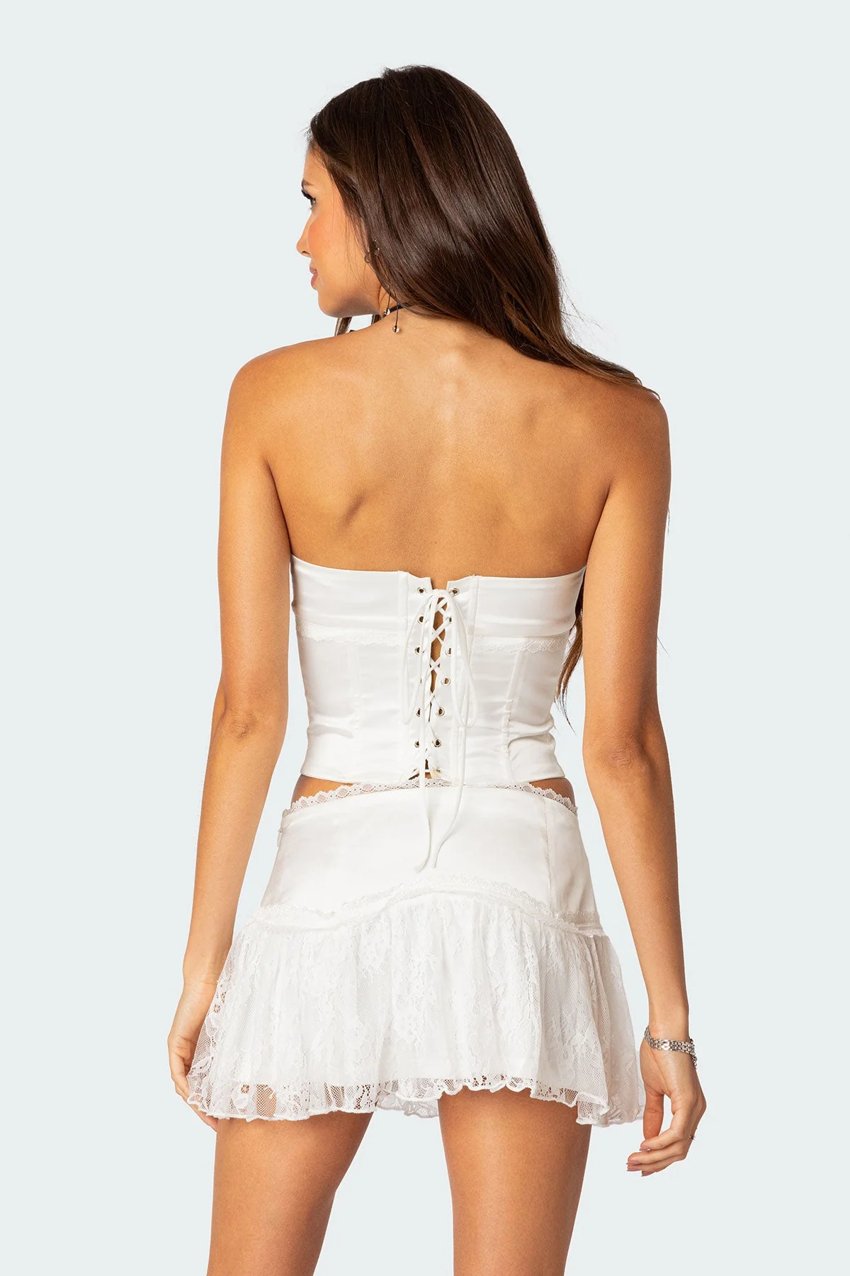 White Satin & Lace Strapless Corset Set