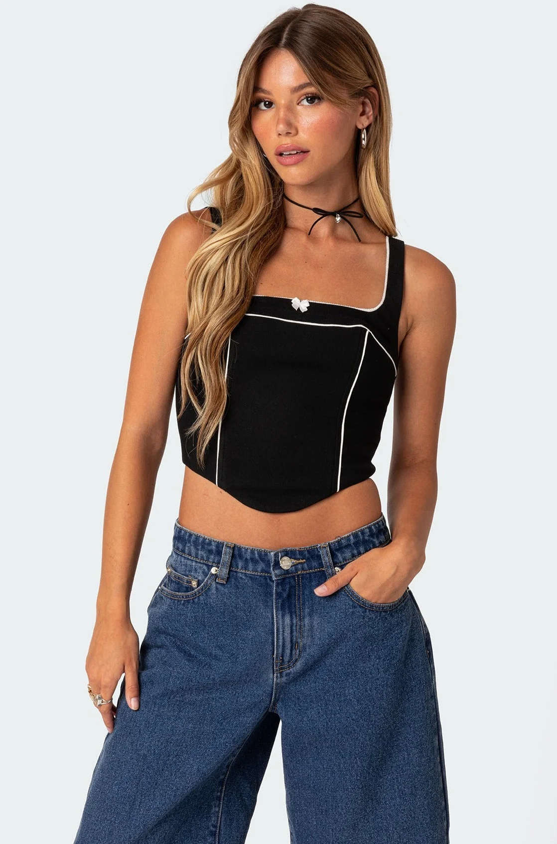 Black Sailor Corset Top Zip Closure Square Neckline