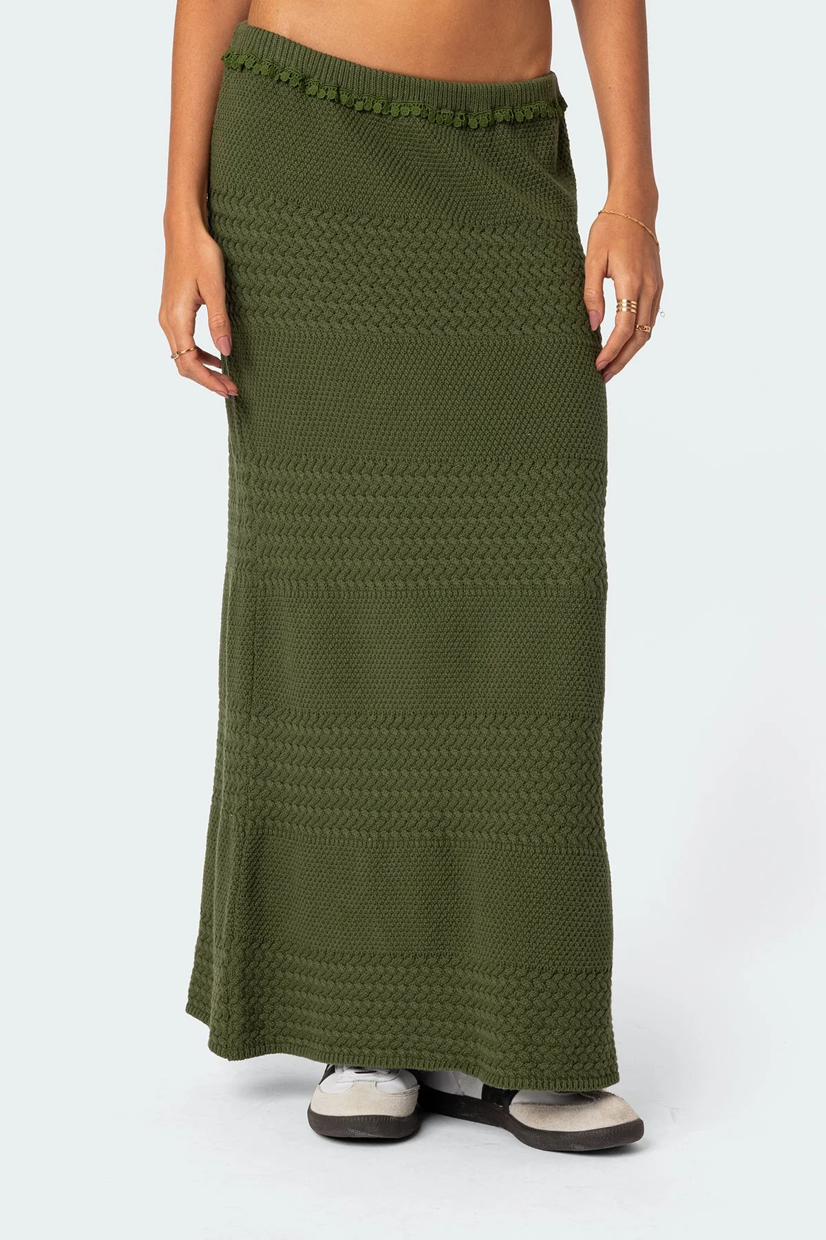 Textured Knit Maxi Skirt Olive Green Cotton Blend