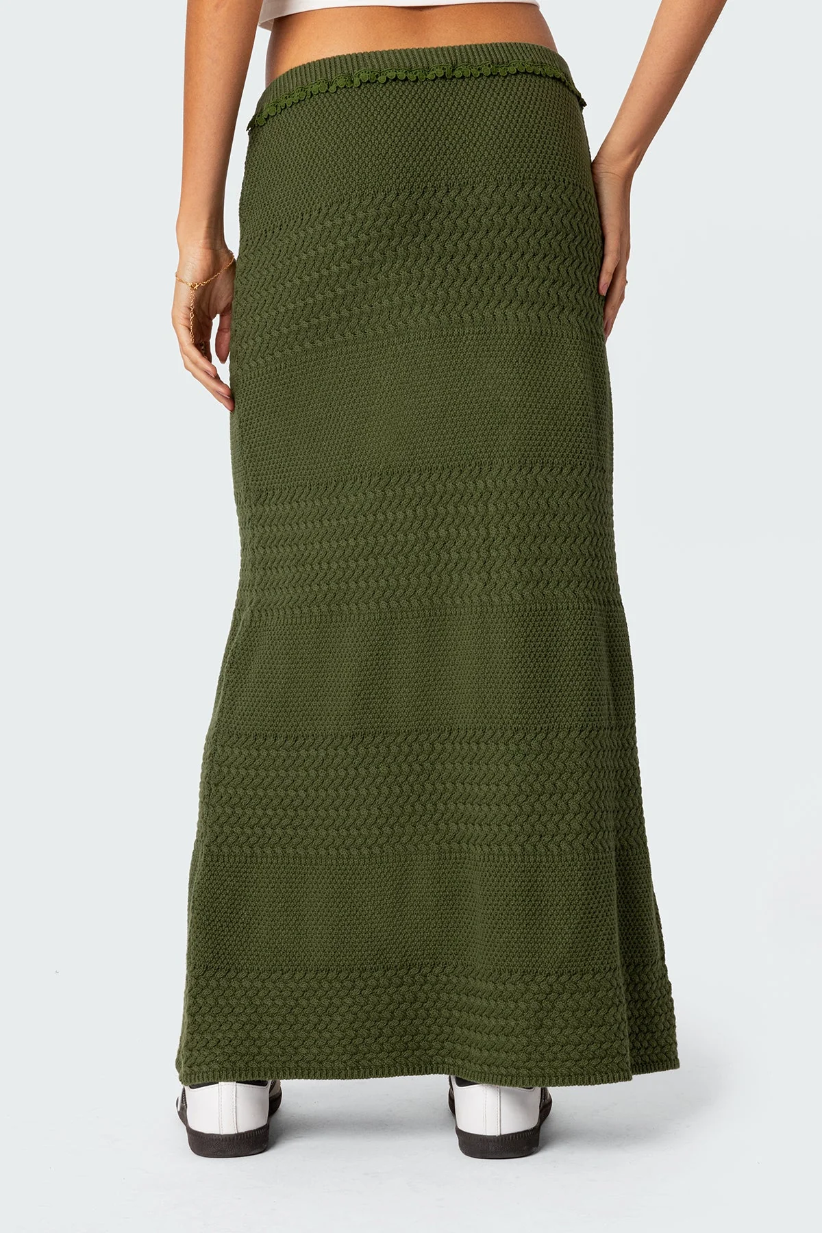 Textured Knit Maxi Skirt Olive Green Cotton Blend