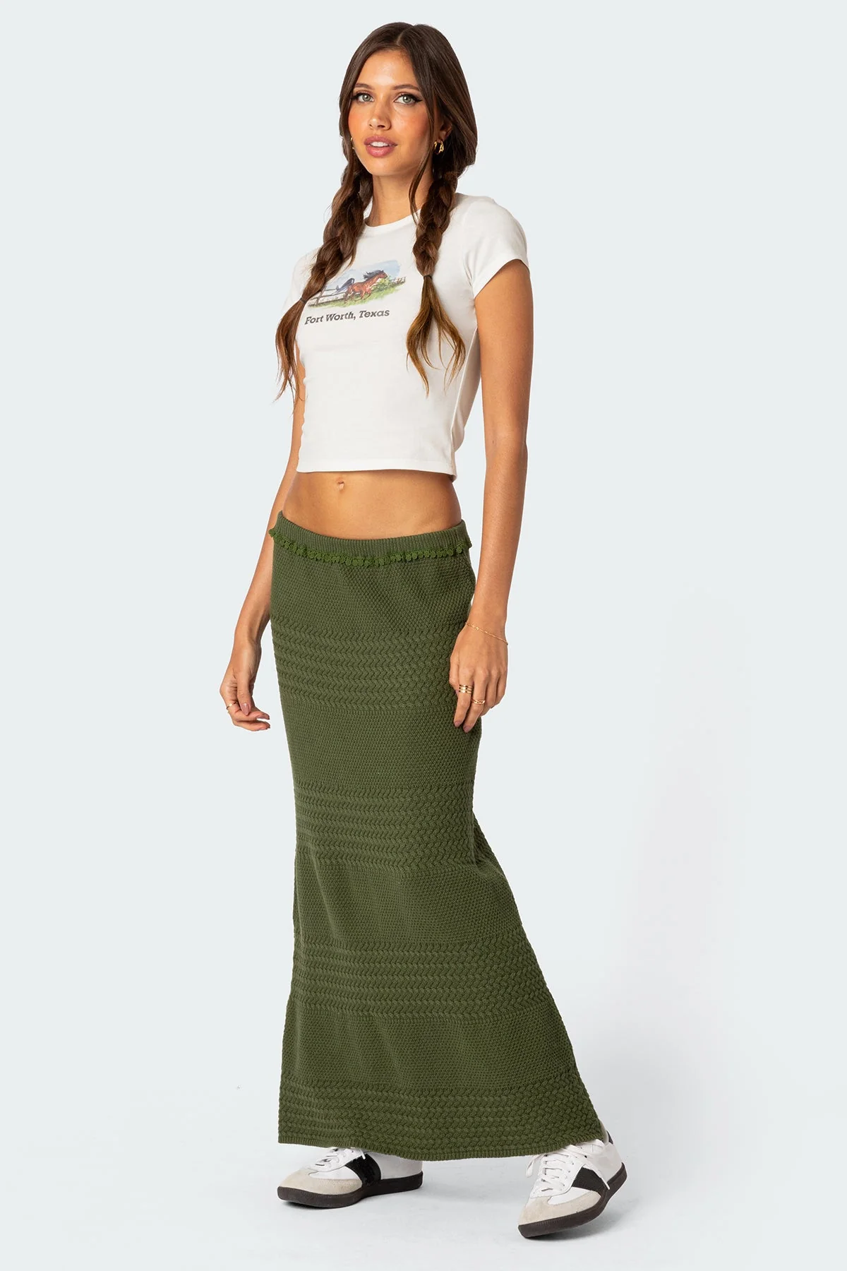 Textured Knit Maxi Skirt Olive Green Cotton Blend