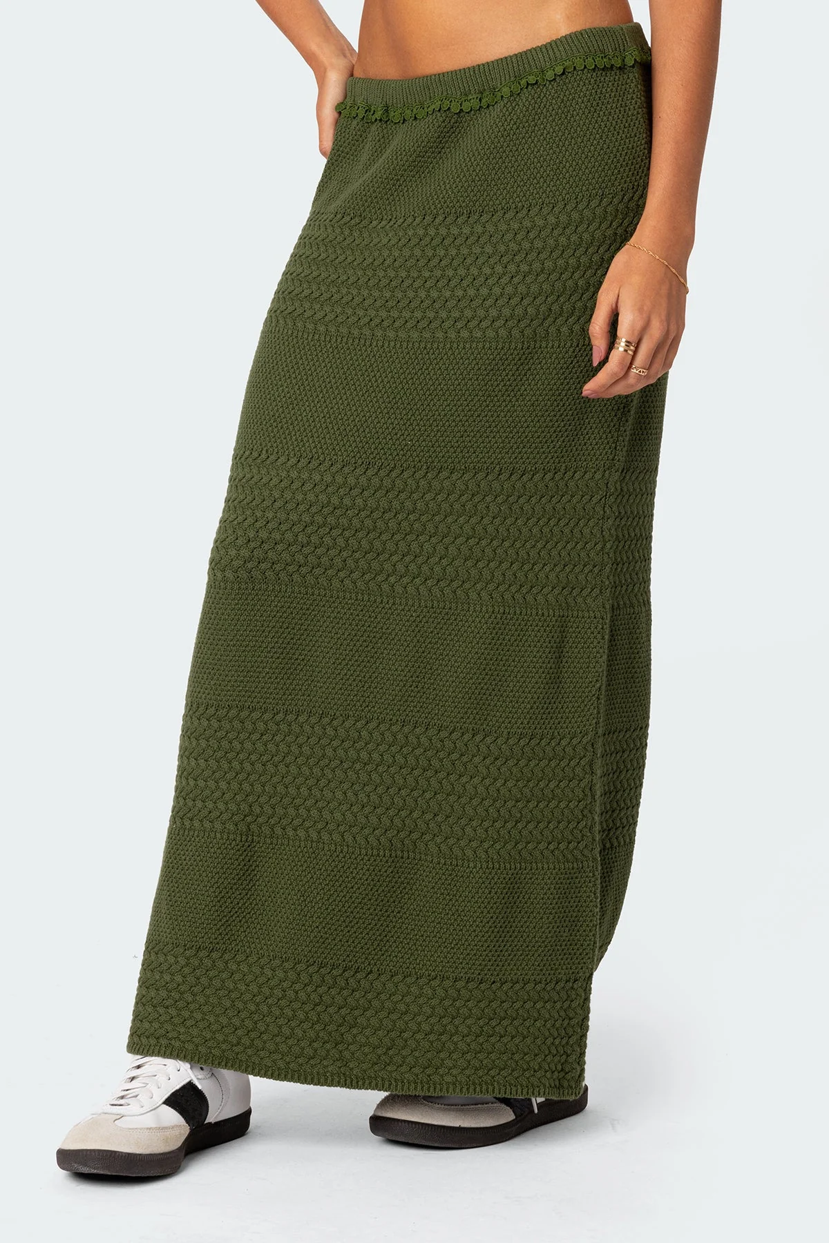 Textured Knit Maxi Skirt Olive Green Cotton Blend