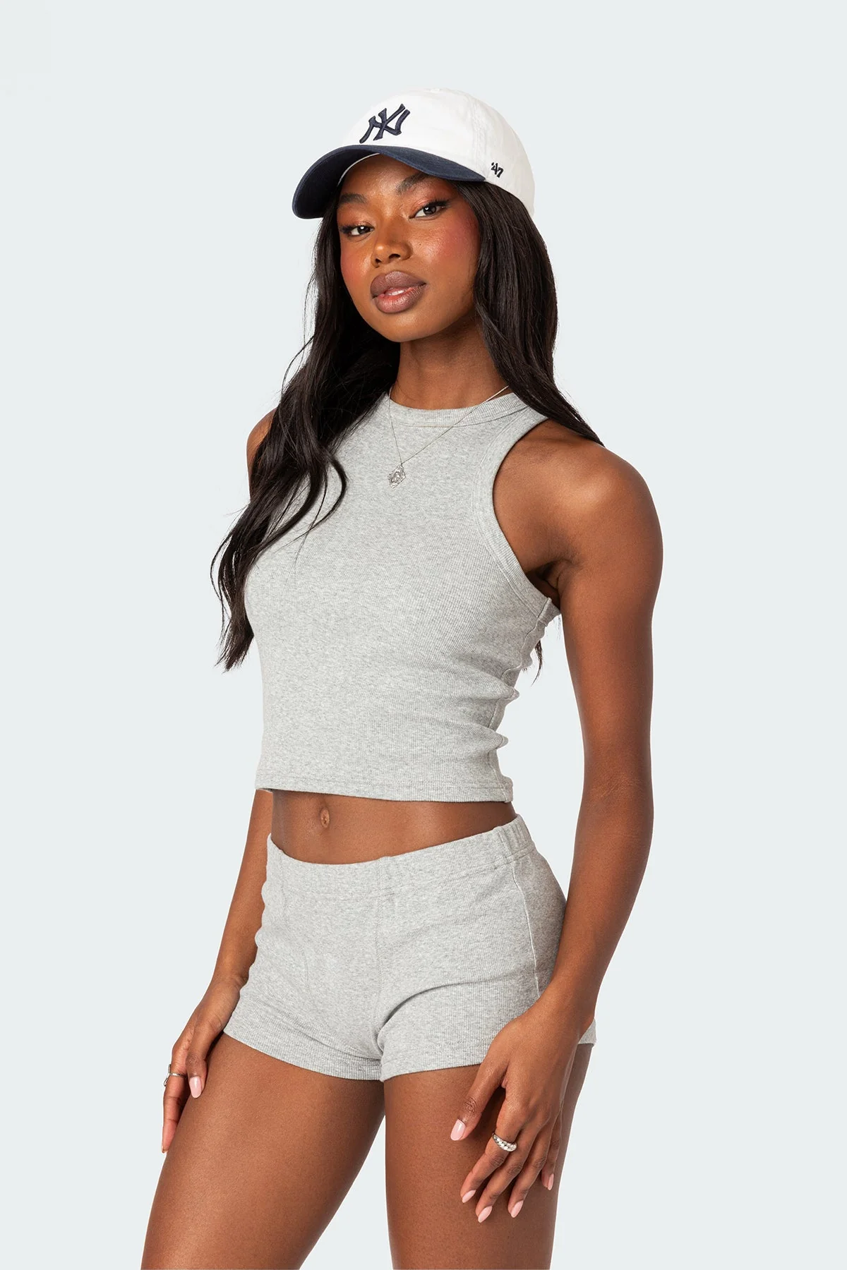 Ribbed Cotton Spandex Tank Top in Gray Melange