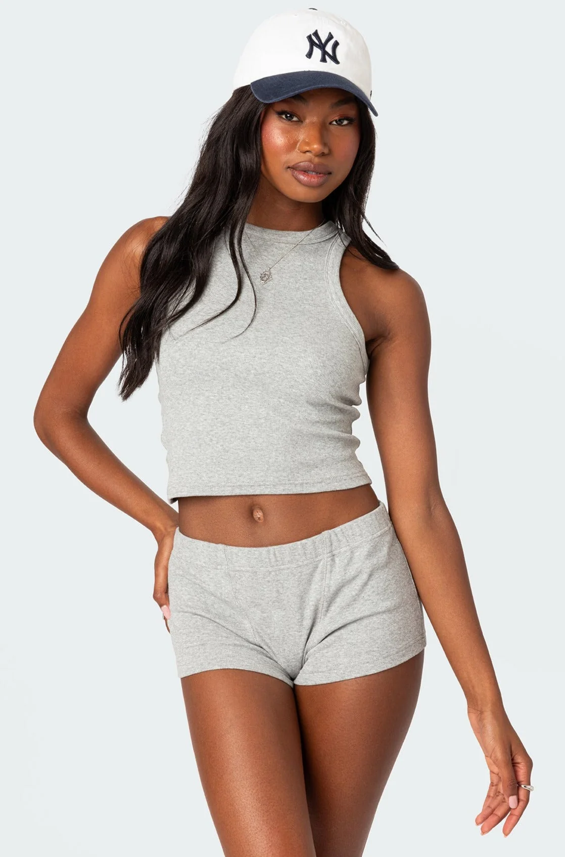 Ribbed Cotton Spandex Tank Top in Gray Melange