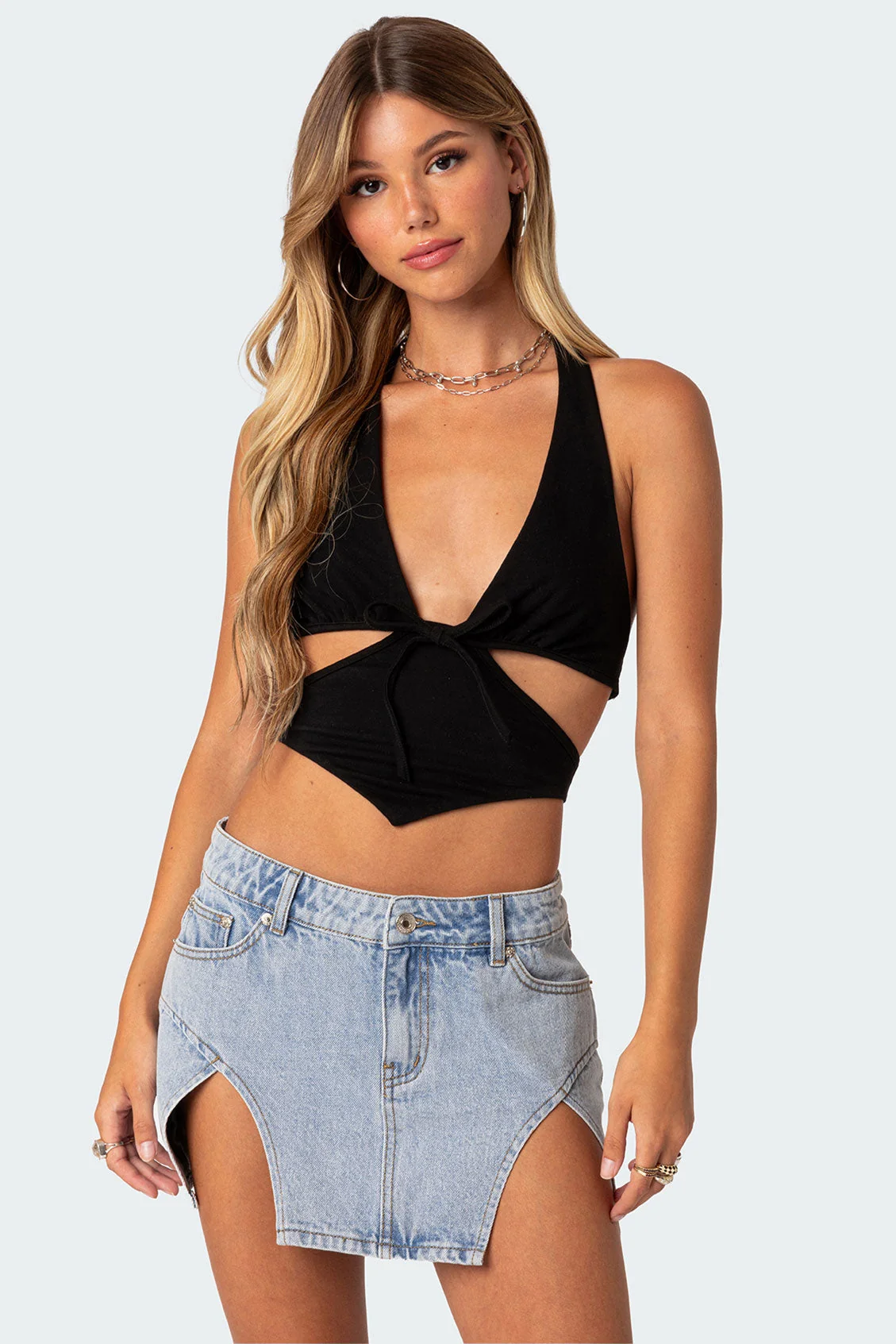 Black Tie Front Cut Out Crop Top