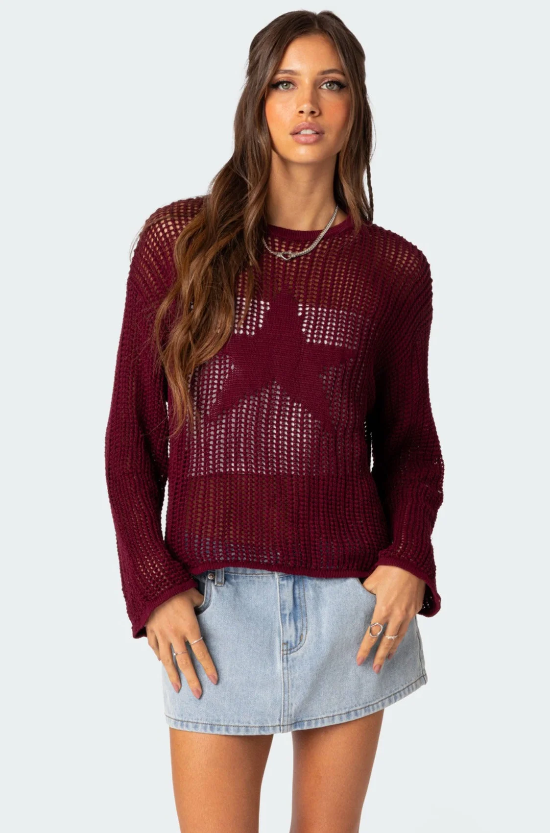 Burgundy Star Embroidered Oversized Sweater