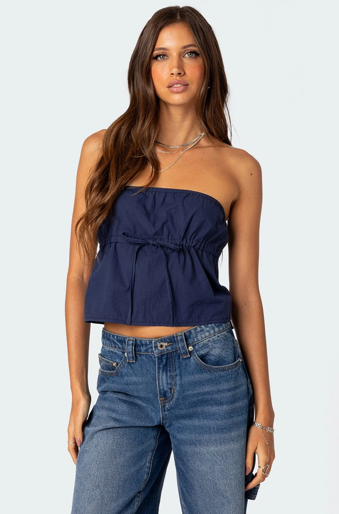 Navy Cotton Strapless Top for Women