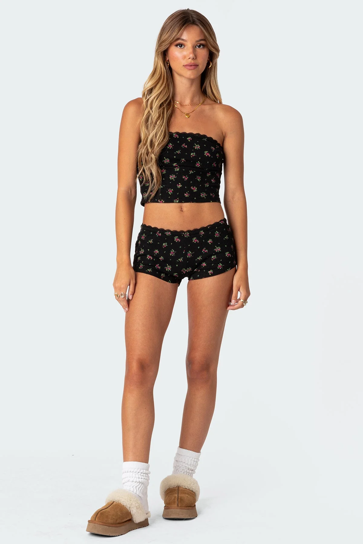 Printed Waffle Sleepwear Shorts for Women in Black Mix