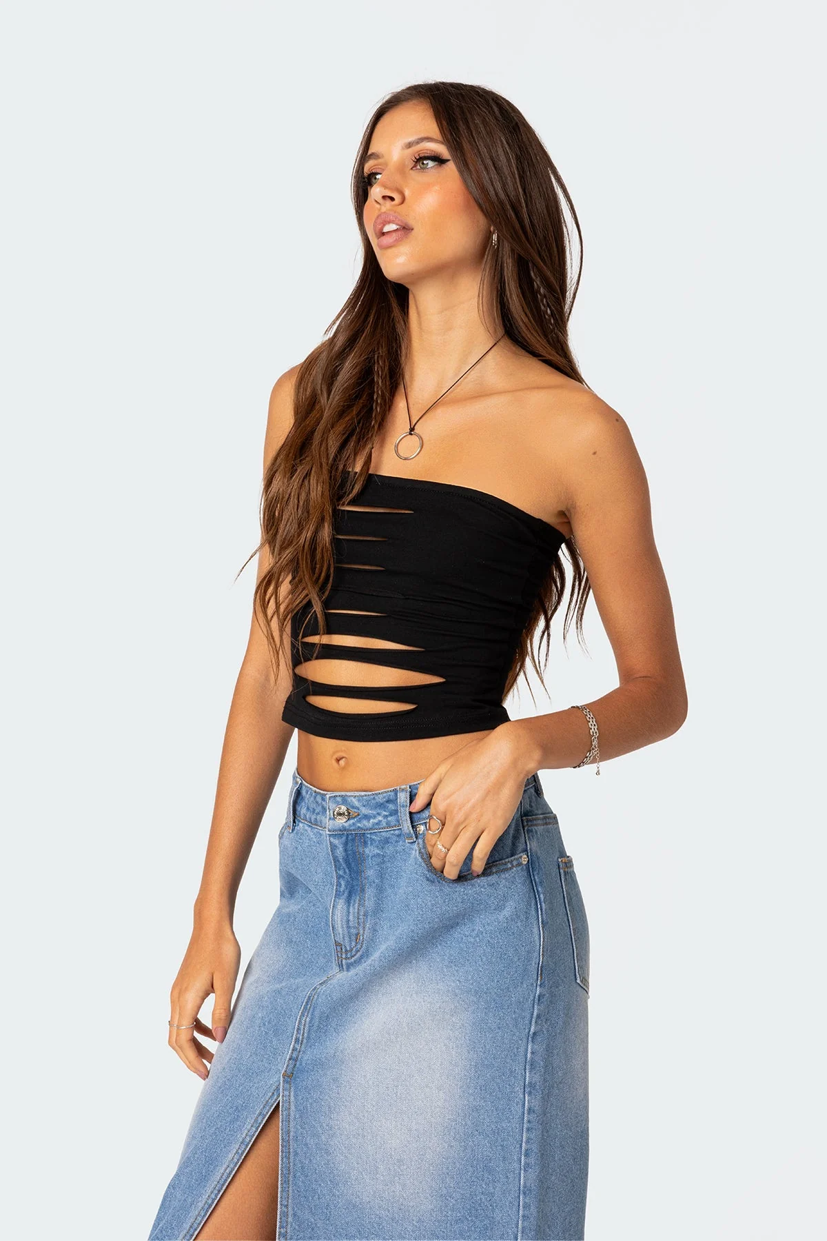 Black Slashed Tube Crop Top