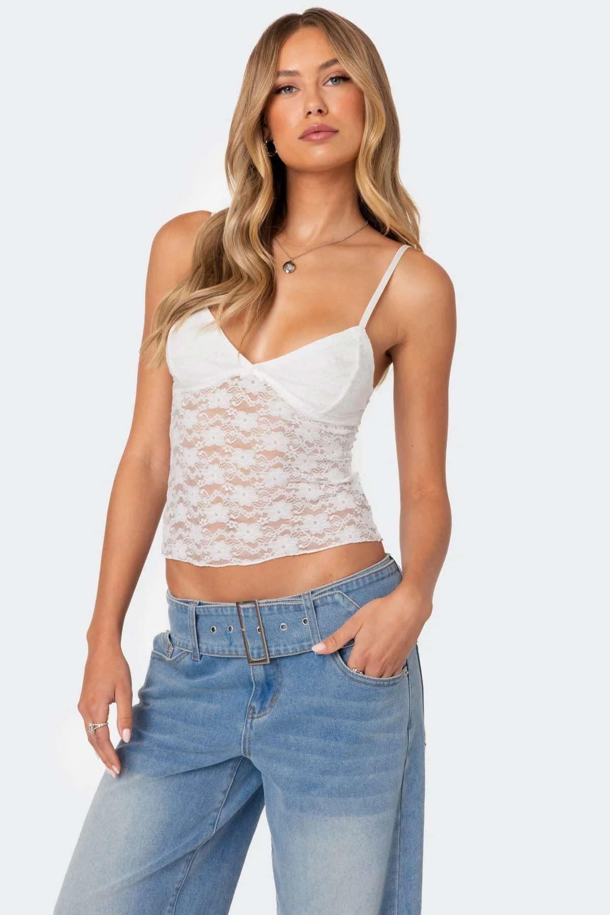 White Sheer Lace Tank Top with Adjustable Straps