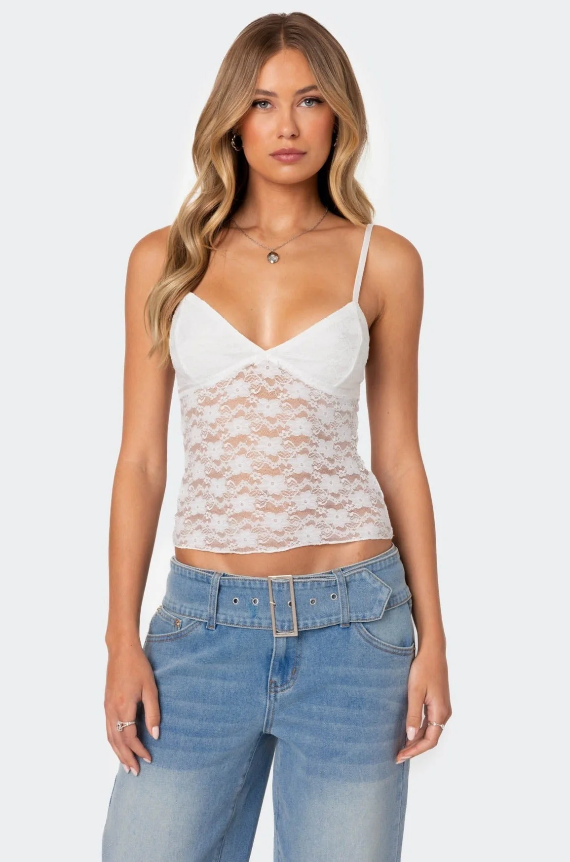 White Sheer Lace Tank Top with Adjustable Straps