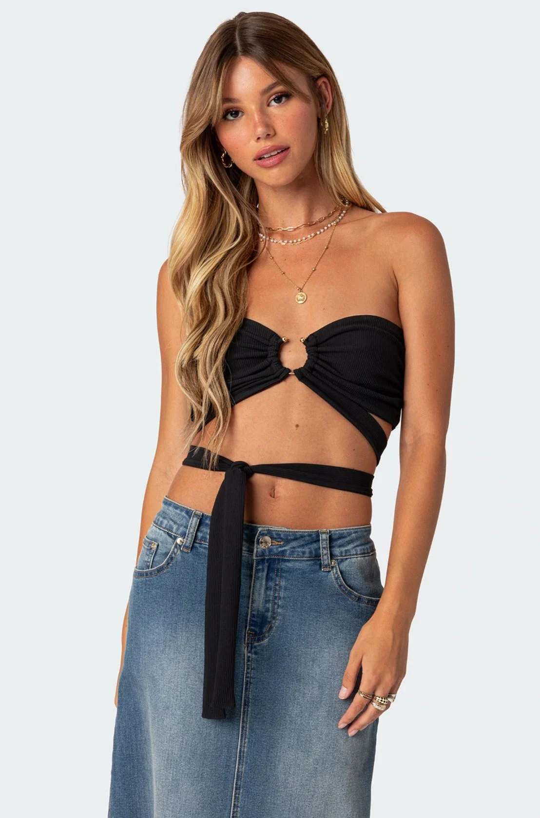 Black Ribbed Ring Tie Cropped Top Womens Fashion