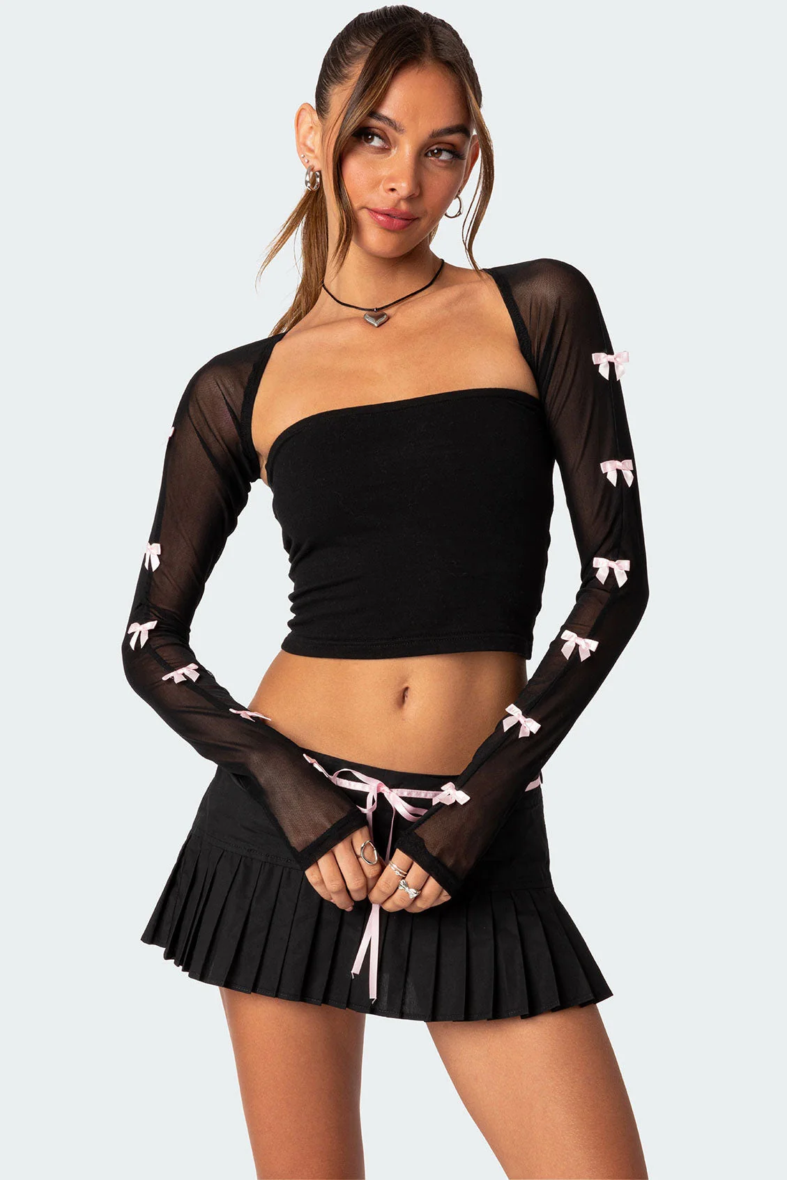 Black Sheer Mesh Shrug with Ribbon Bow Detailing