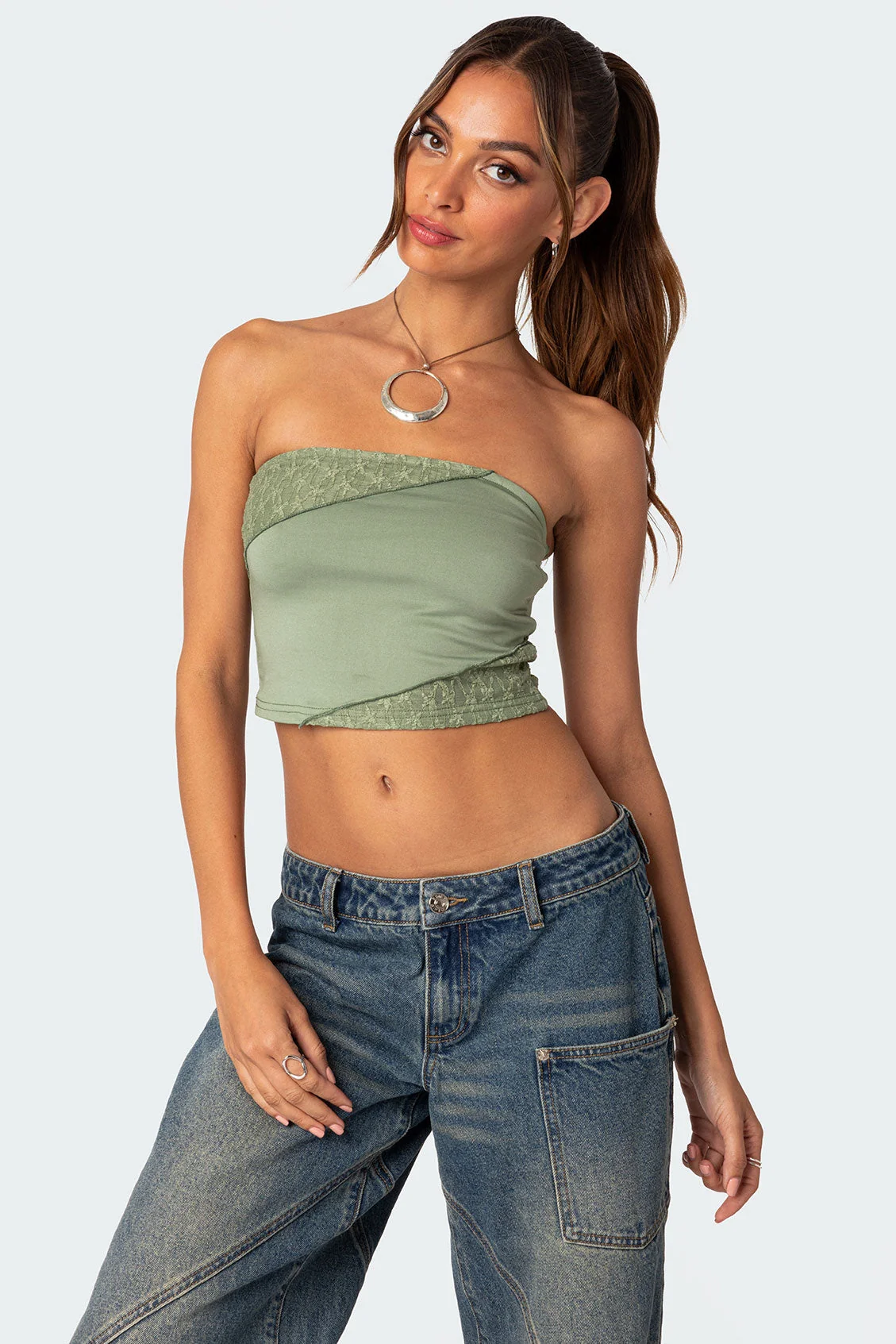 Green Lace Patchwork Tube Top