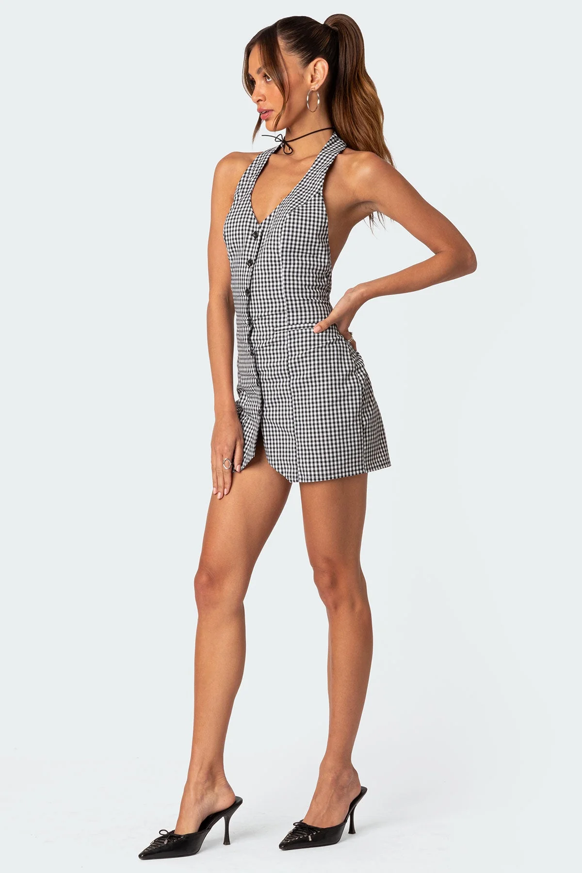 Black & White Gingham Open Back Mini Dress