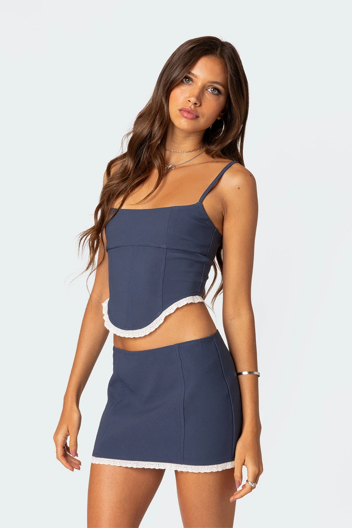 Navy Woven Lace-Up Corset Top
