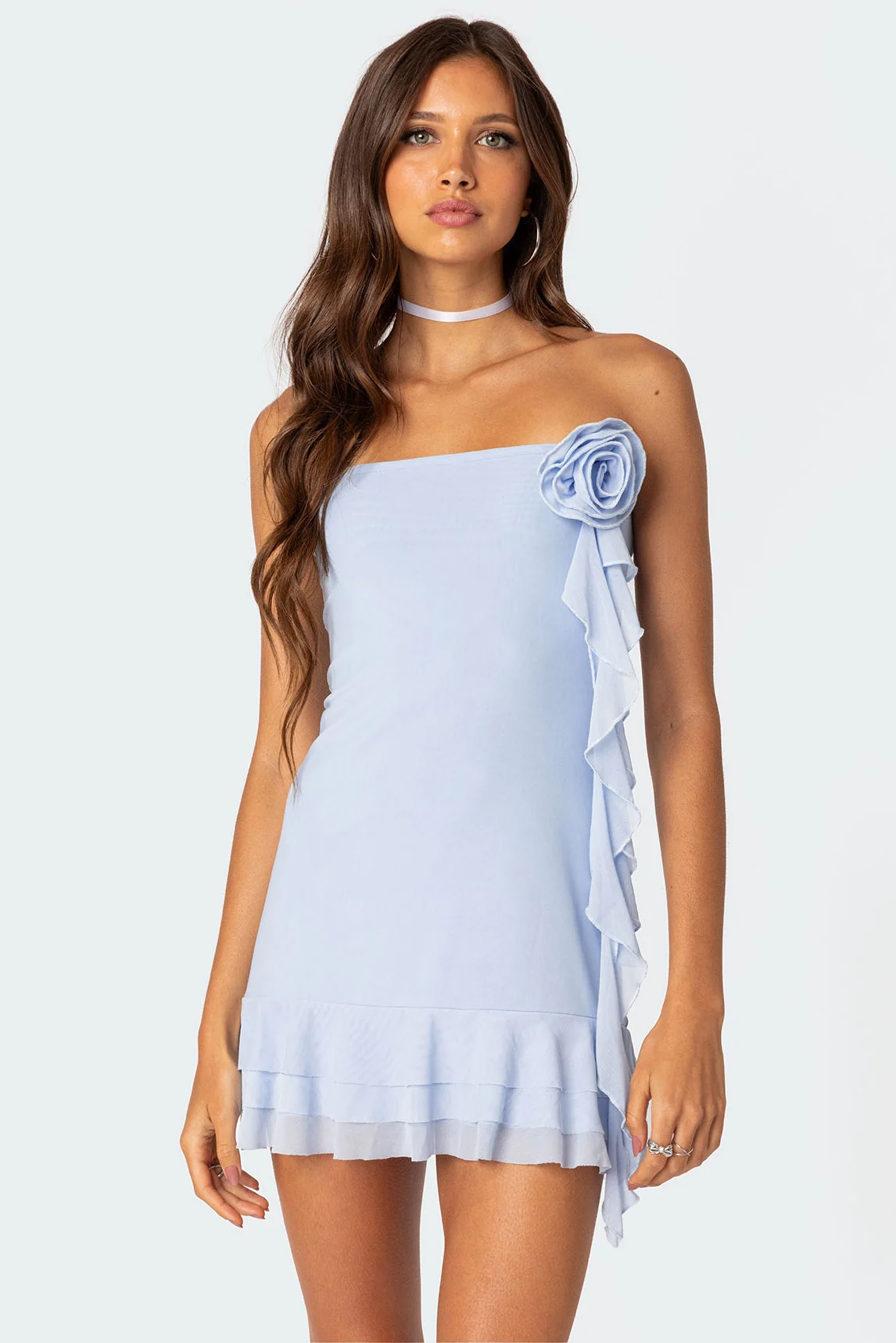 Light Blue Ruffle Strapless Mini Dress