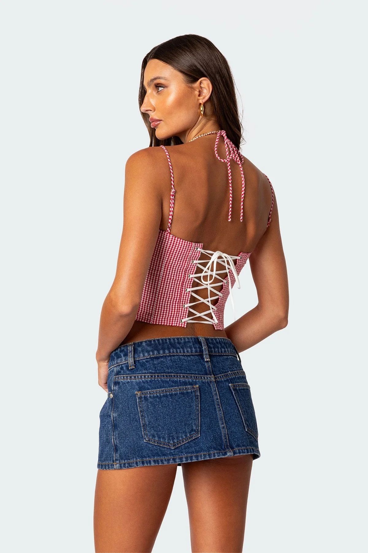 Gingham Lace-Up Corset Top in Red Cotton Fabric