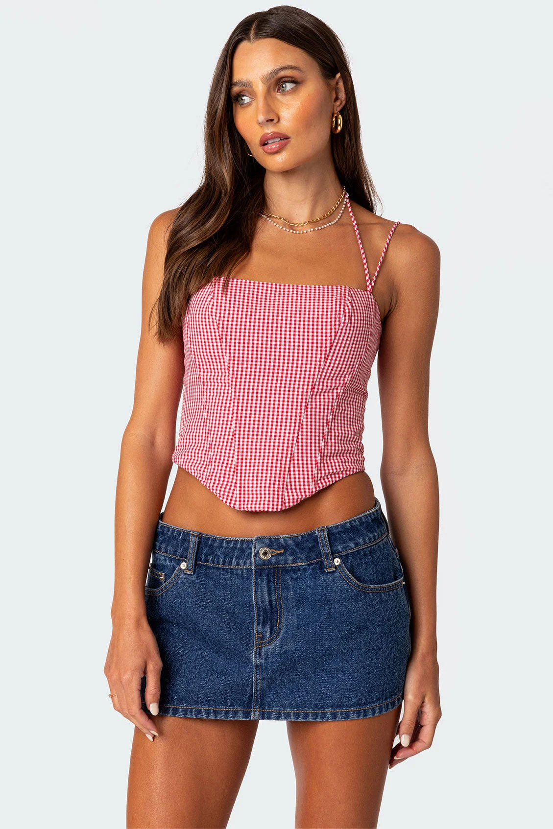 Gingham Lace-Up Corset Top in Red Cotton Fabric