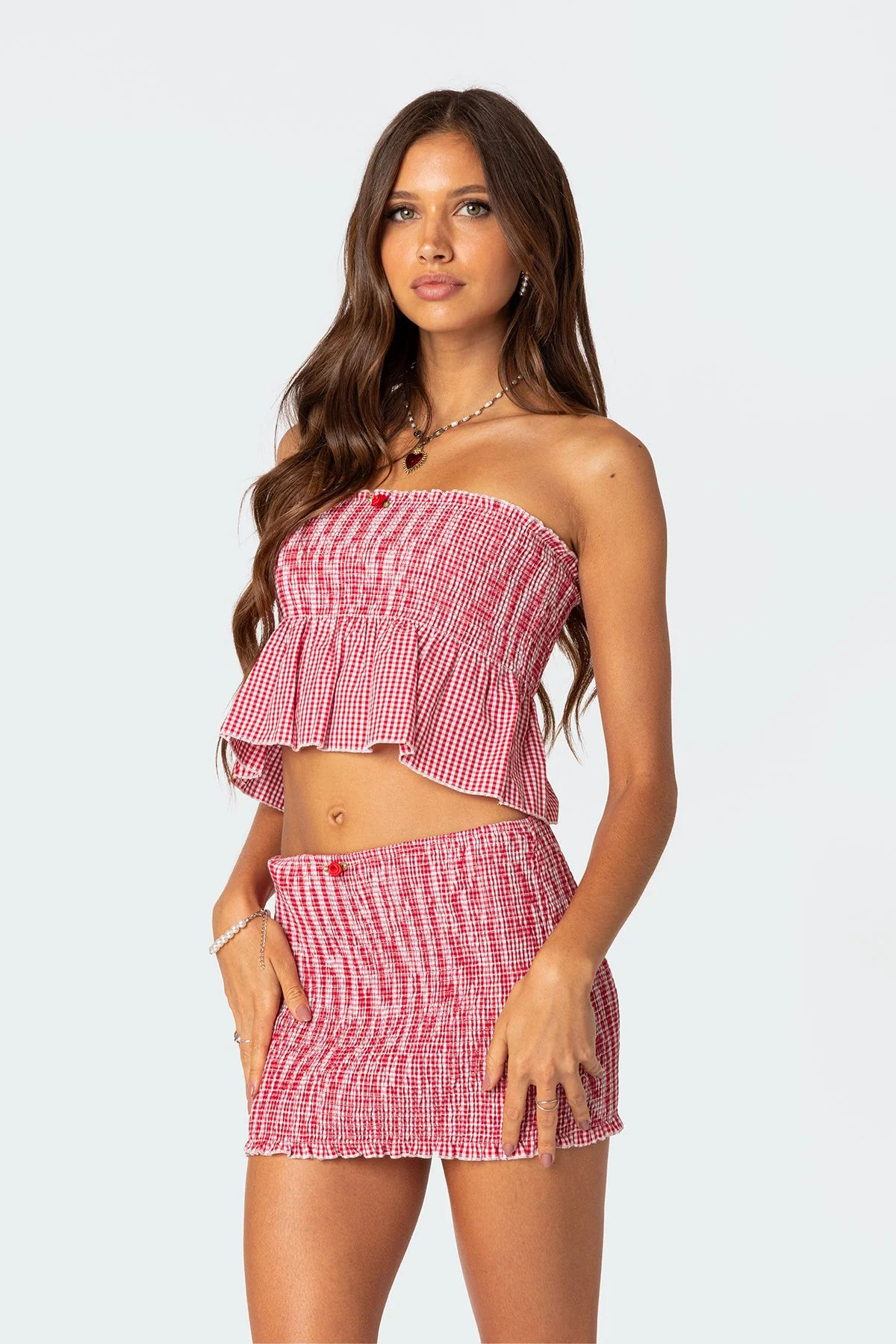 Red Gingham Smocked Tube Top Womens Crop Set