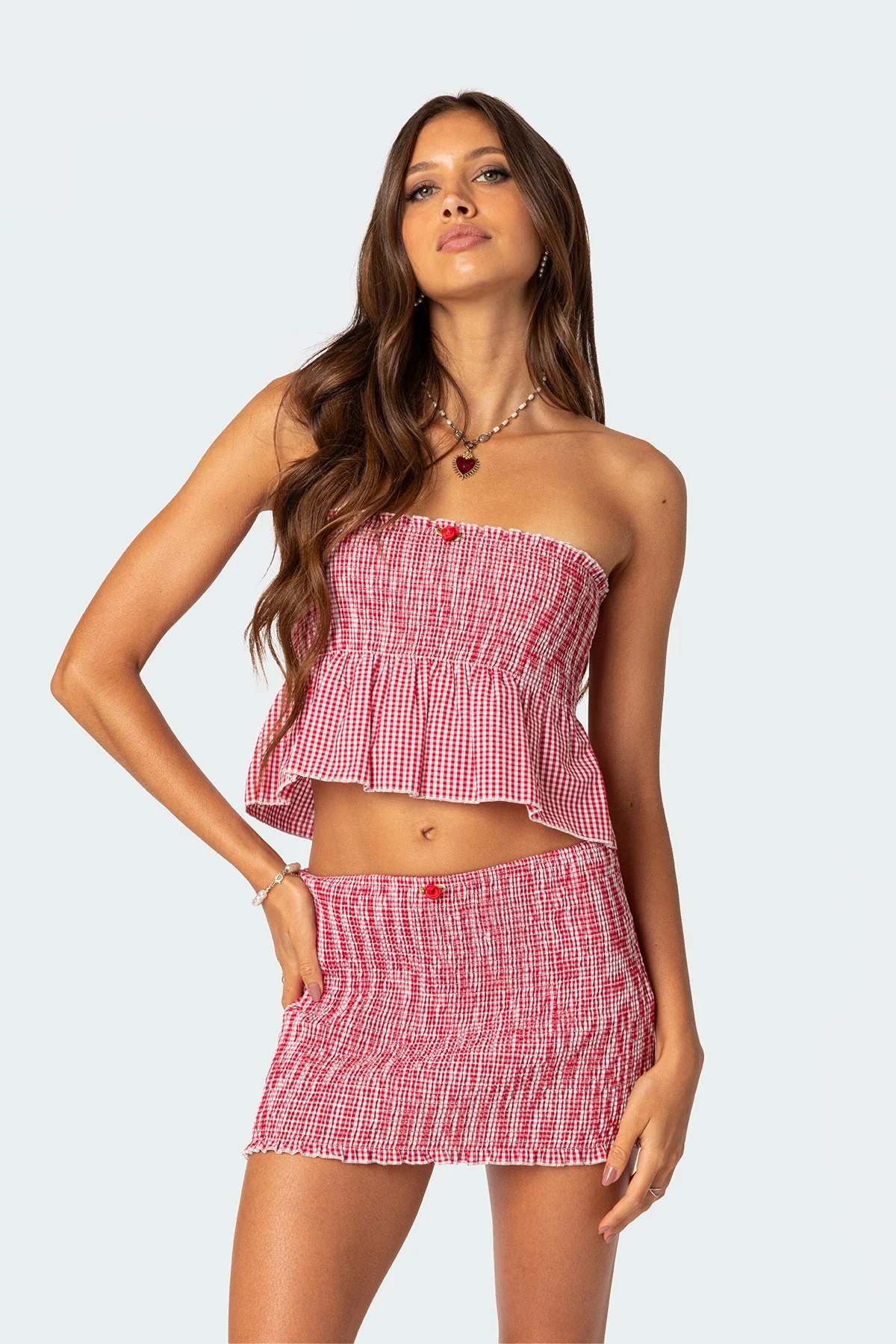 Red Gingham Smocked Tube Top Womens Crop Set
