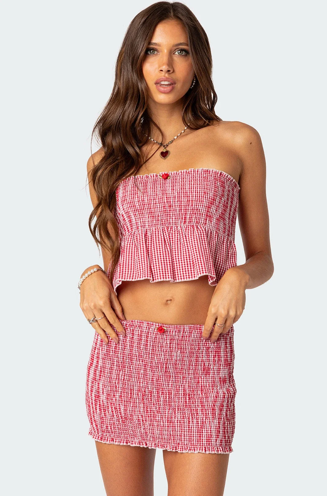 Red Gingham Smocked Tube Top Womens Crop Set