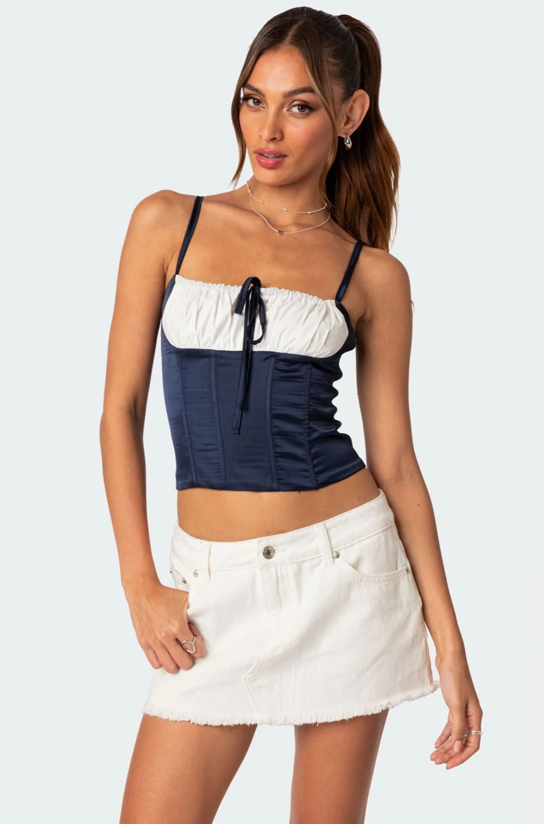 Navy Satin Lace-Up Corset - Arabelle Style