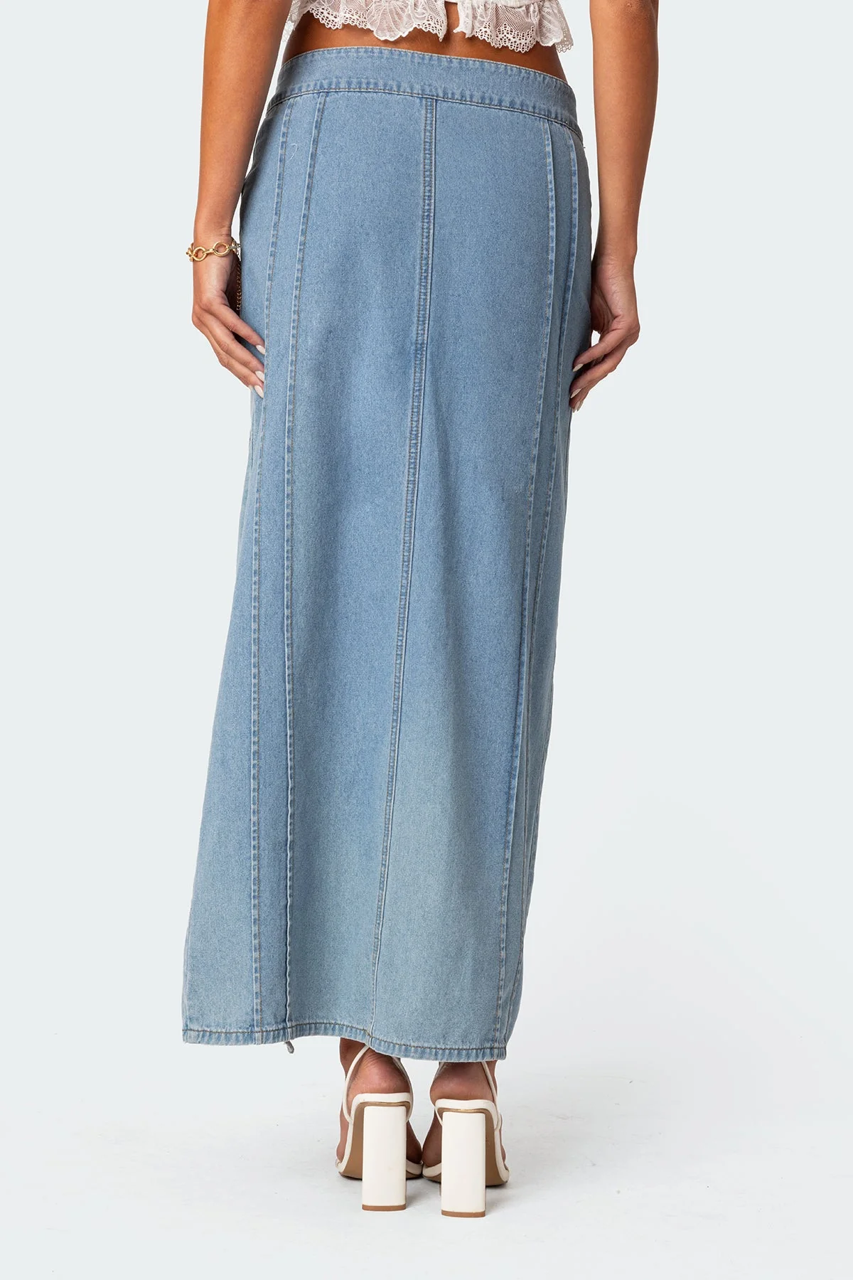 Blue Denim Maxi Skirt with Ruffle Detailing
