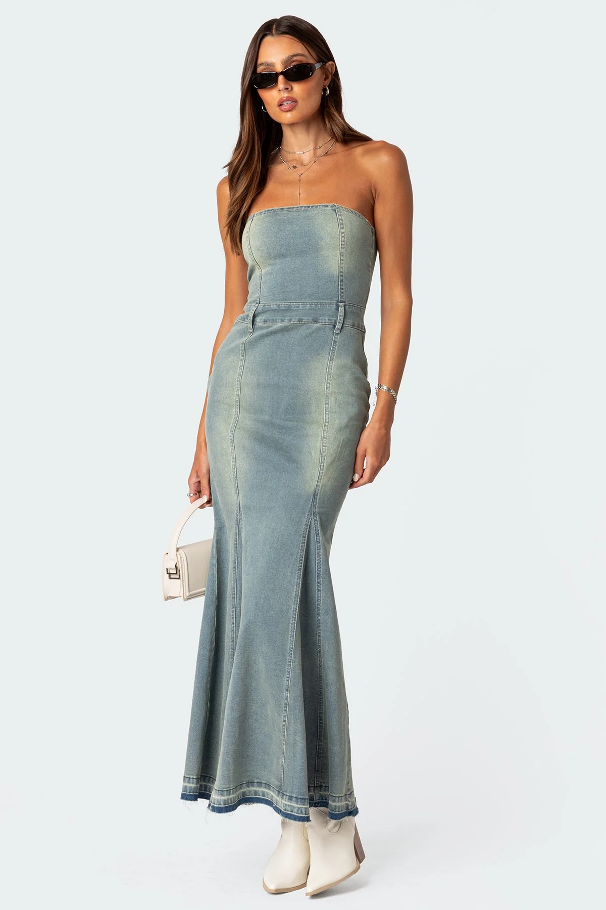 Blue Washed Denim Maxi Dress with Slit Detail