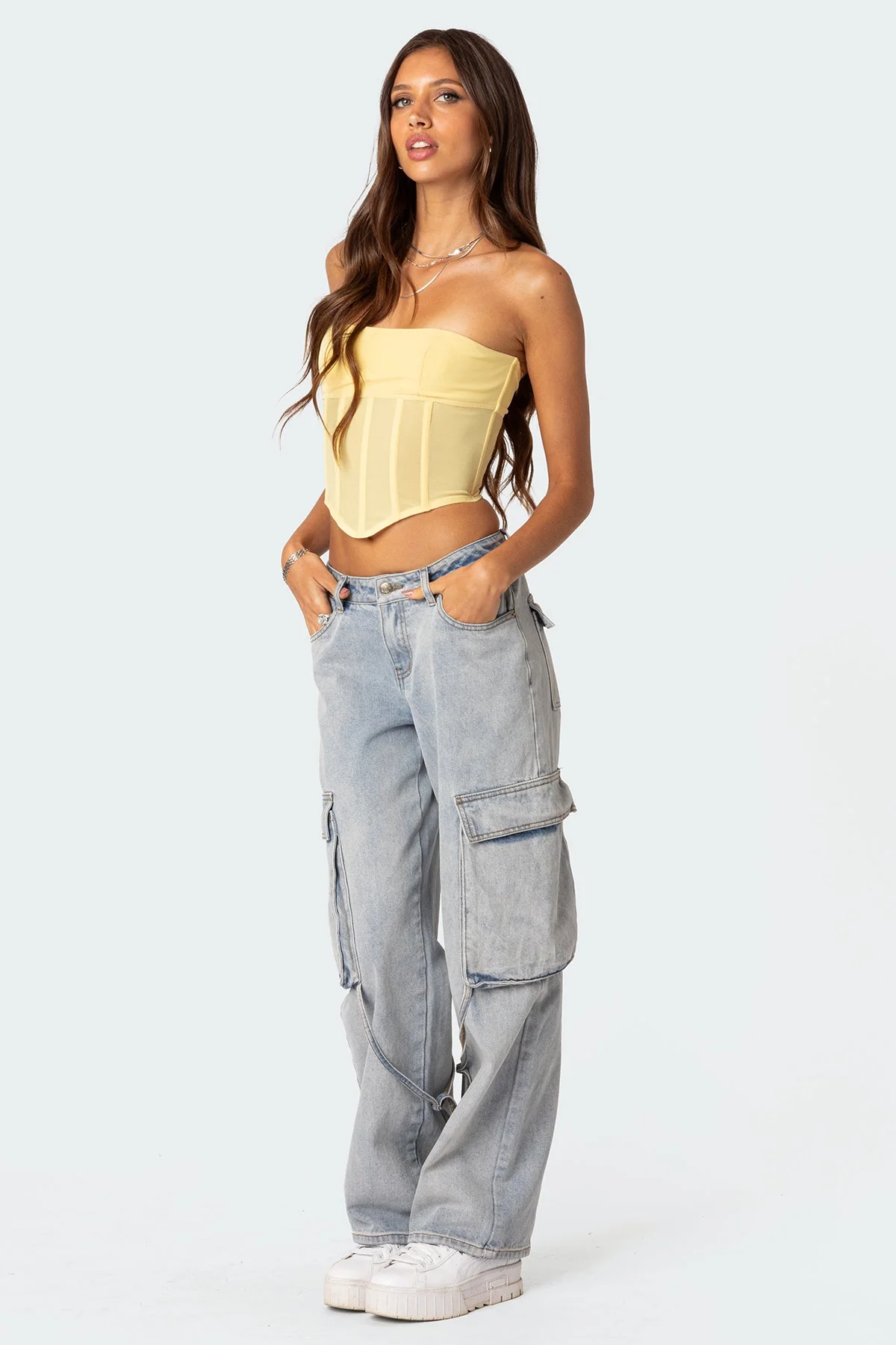 Evangeline Yellow Sheer Mesh Corset Top