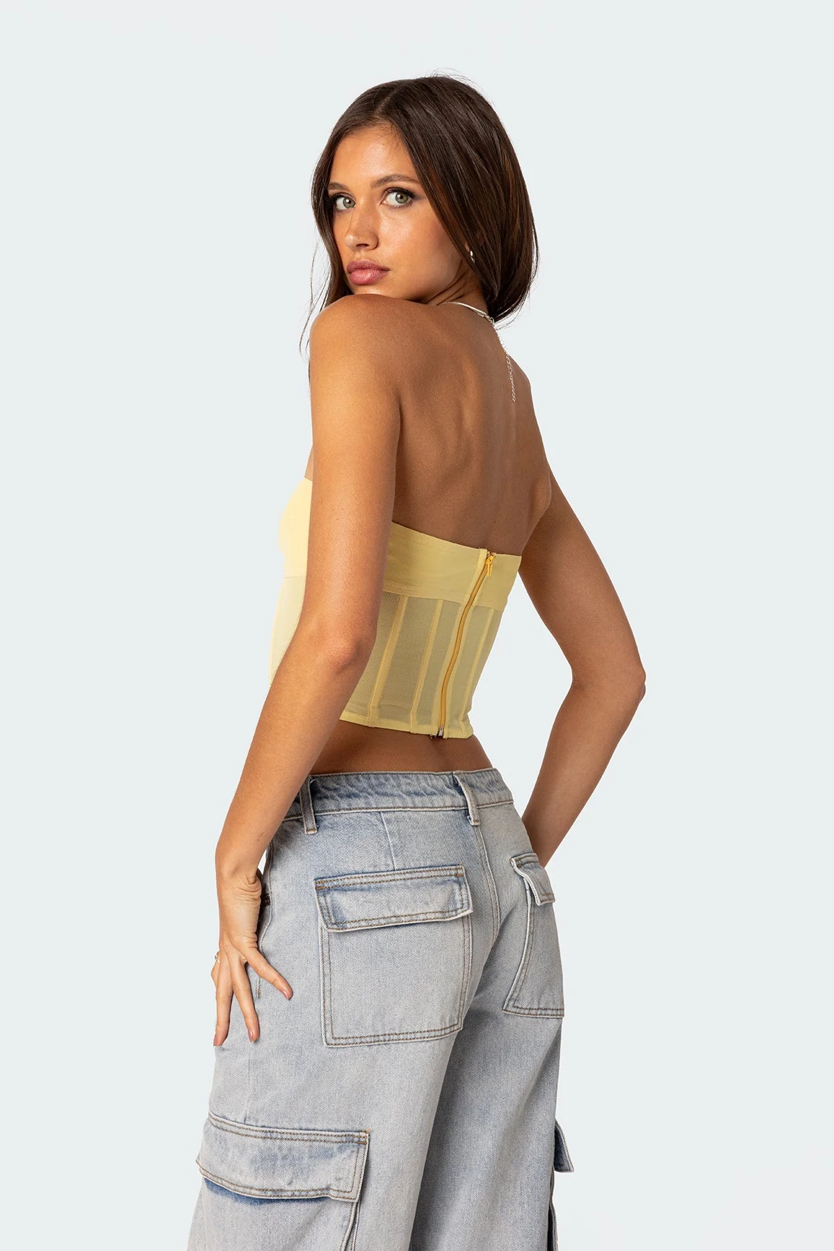 Evangeline Yellow Sheer Mesh Corset Top