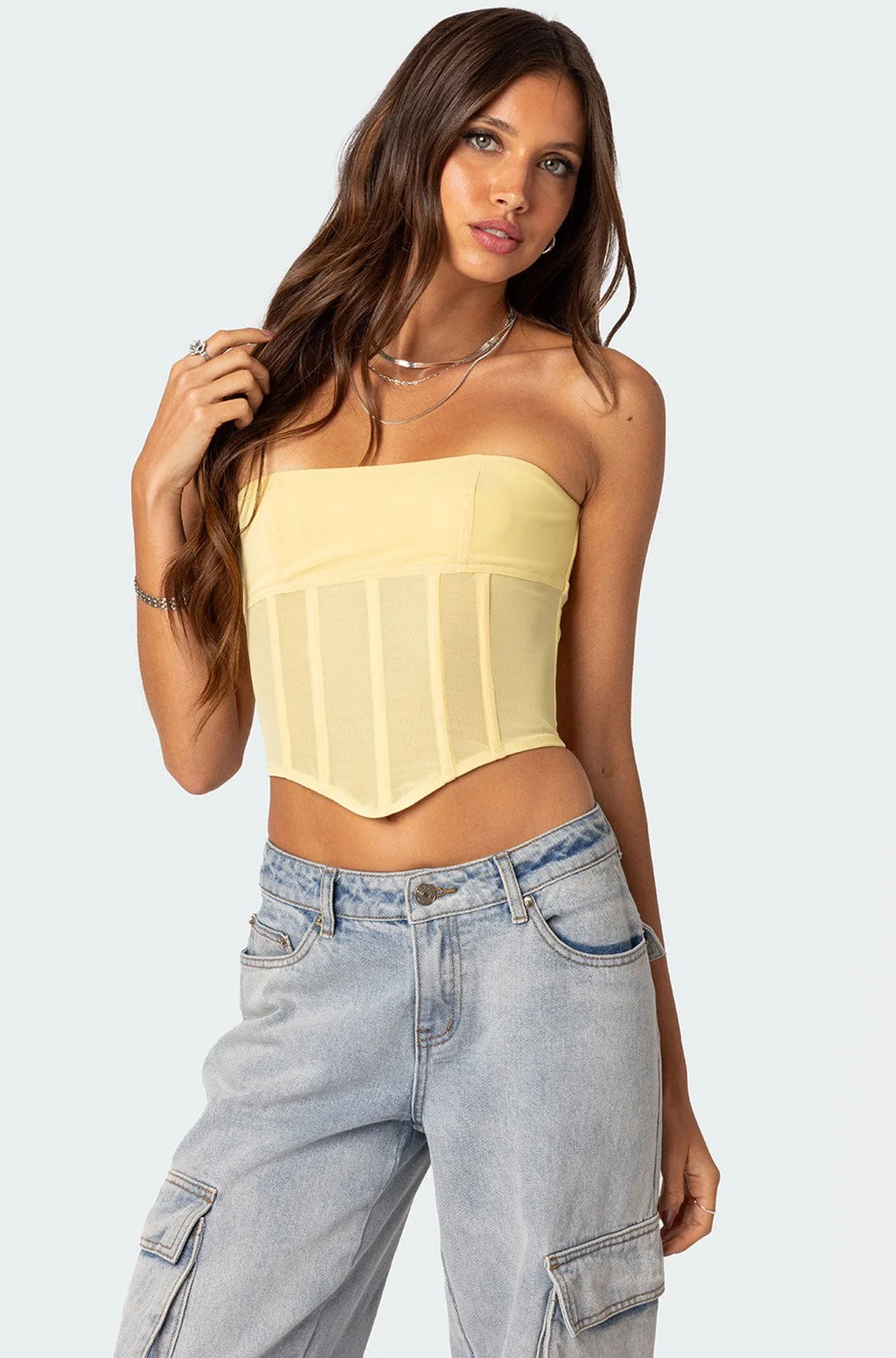 Evangeline Yellow Sheer Mesh Corset Top