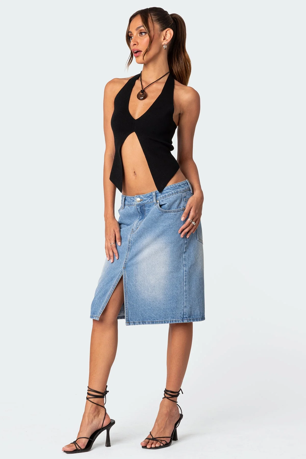 Black Knit Halter Neck Top with Front Slit