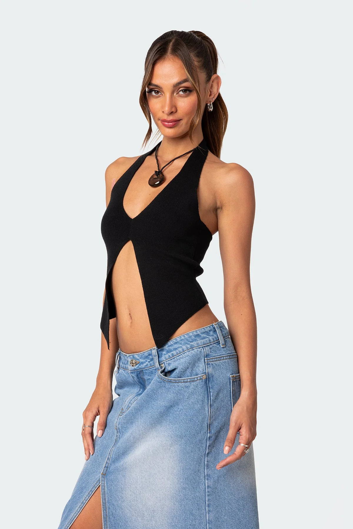 Black Knit Halter Neck Top with Front Slit