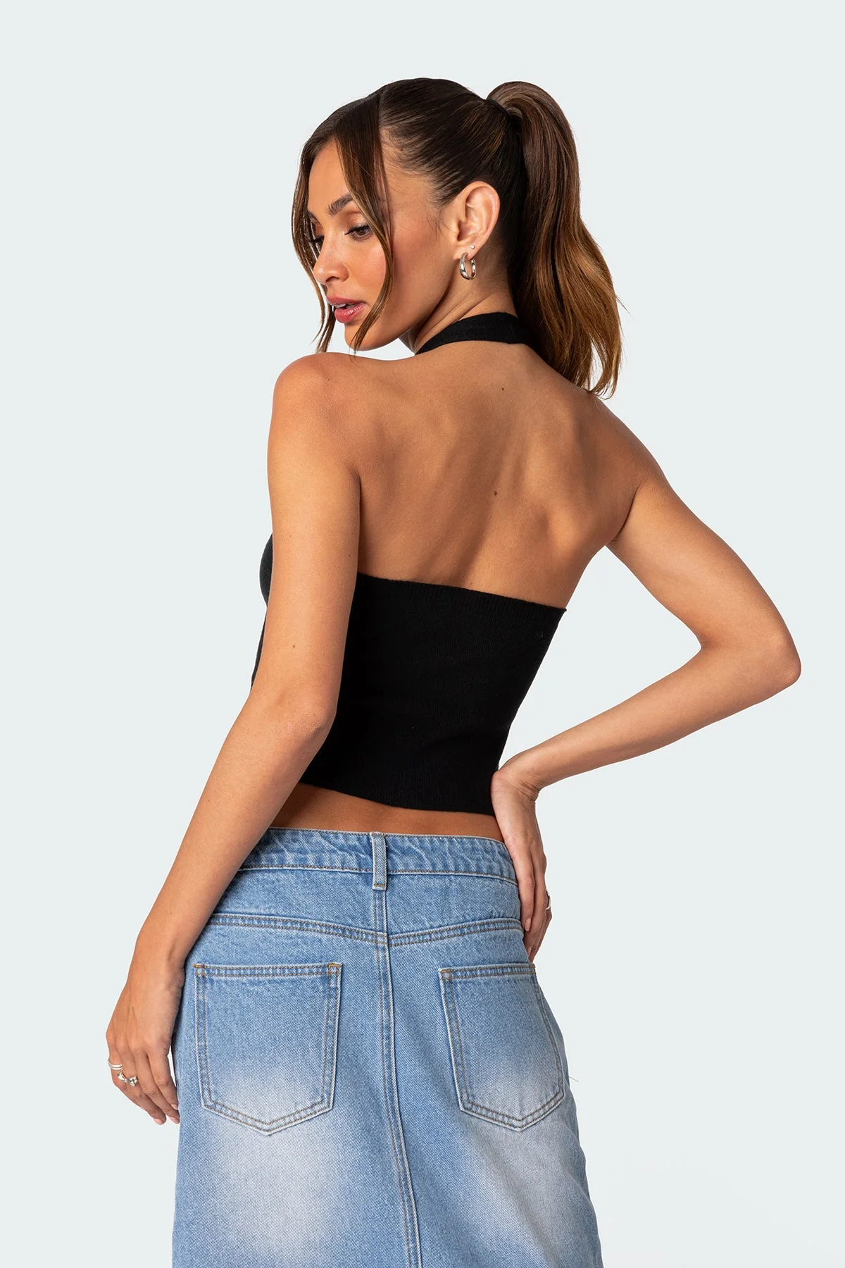 Black Knit Halter Neck Top with Front Slit