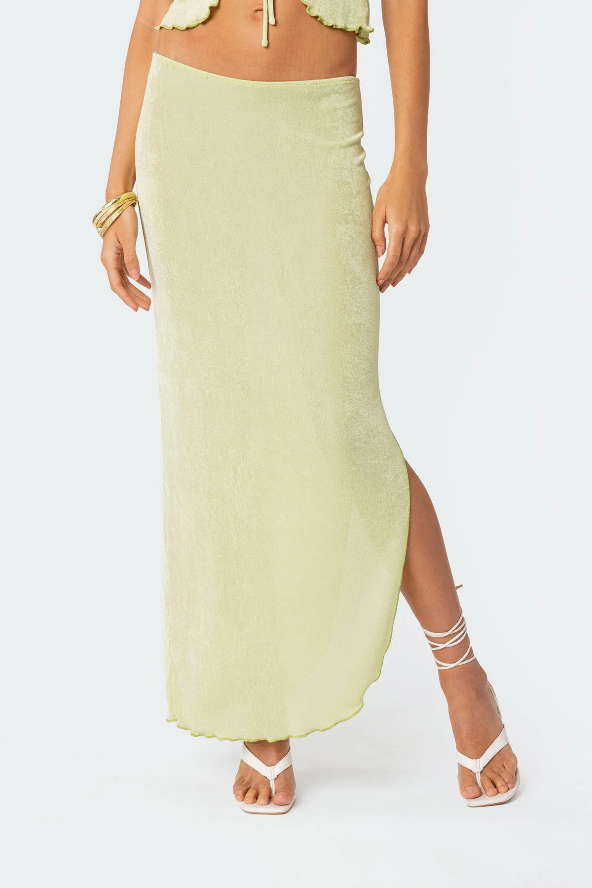 Green Maxi Skirt with Side Slit - Womens Elegant Long Skirt
