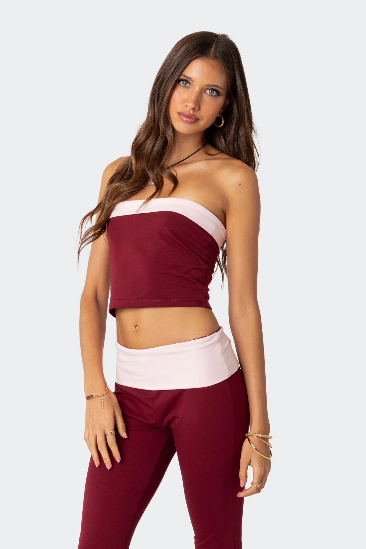 Burgundy Fold Over Crop Top Set