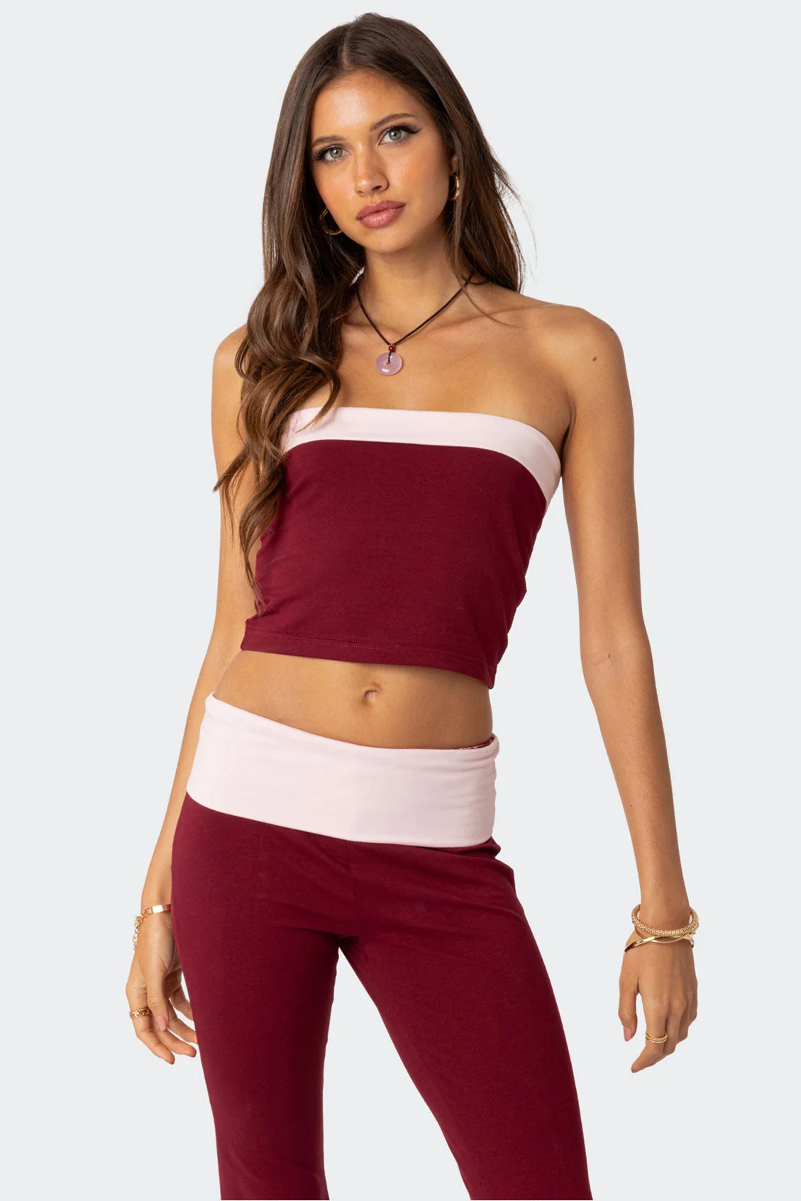 Burgundy Fold Over Crop Top Set