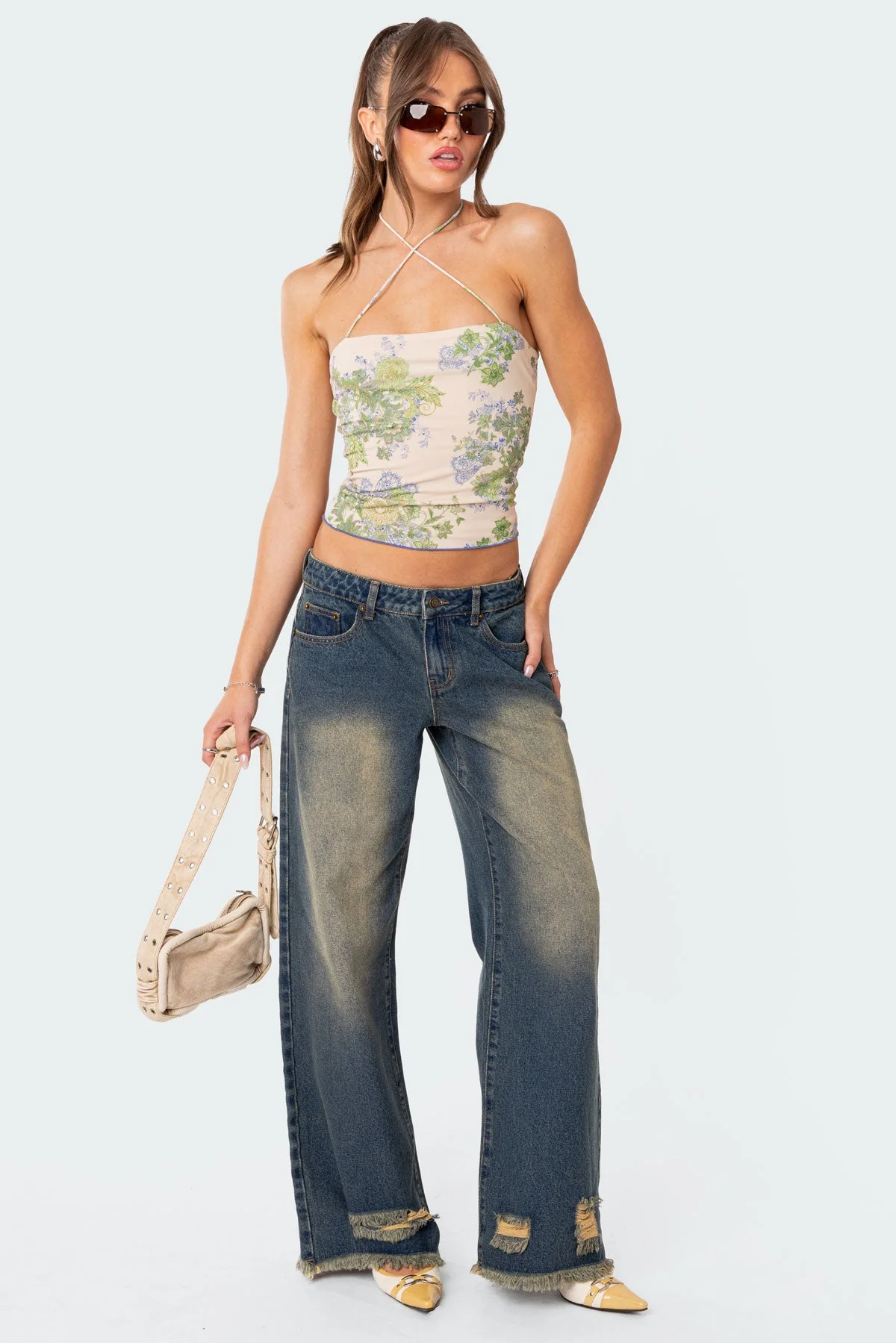 Floral Halter Neck Crop Top in Polyester and Spandex