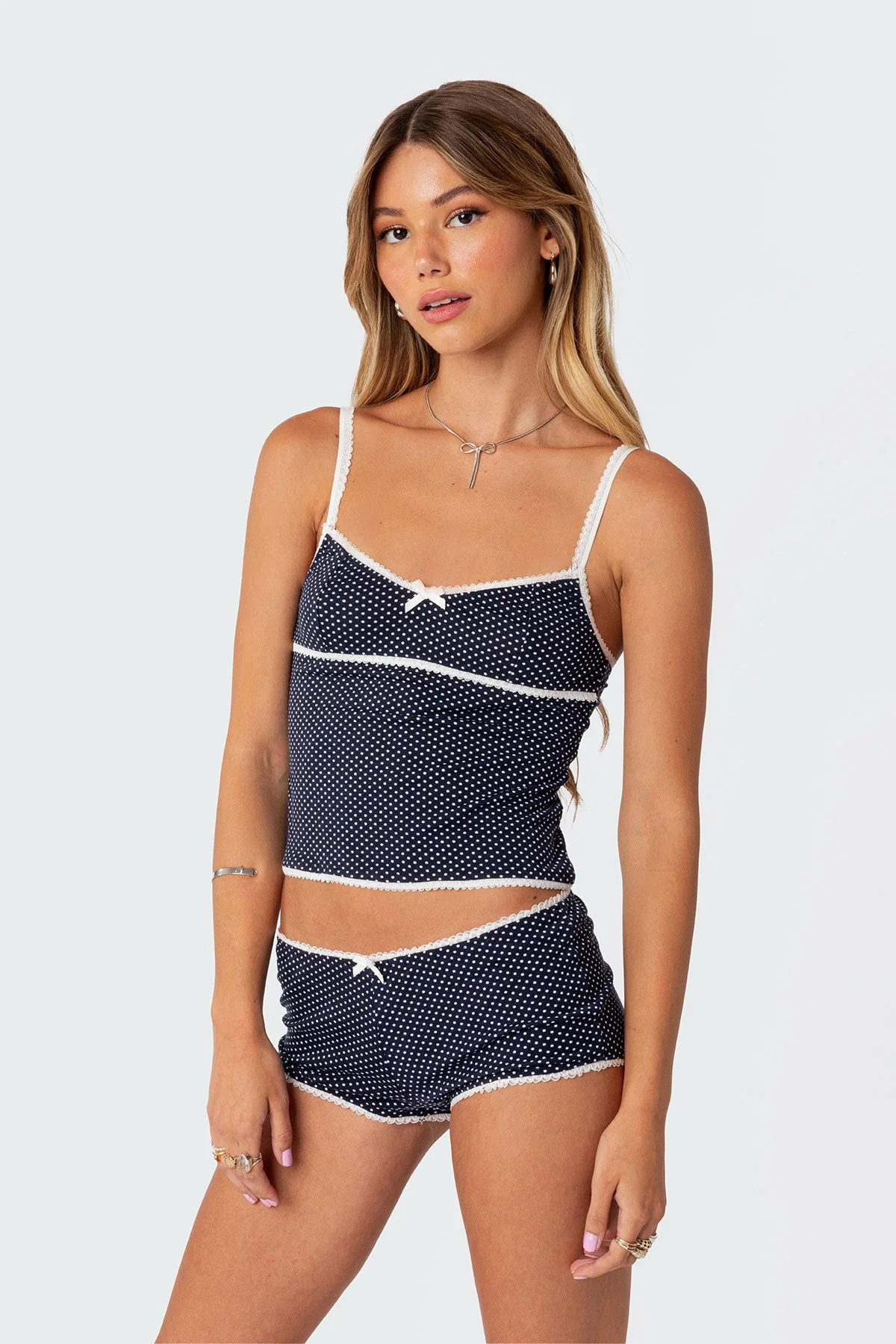 Navy Lace Trim Tank Top with Adjustable Straps