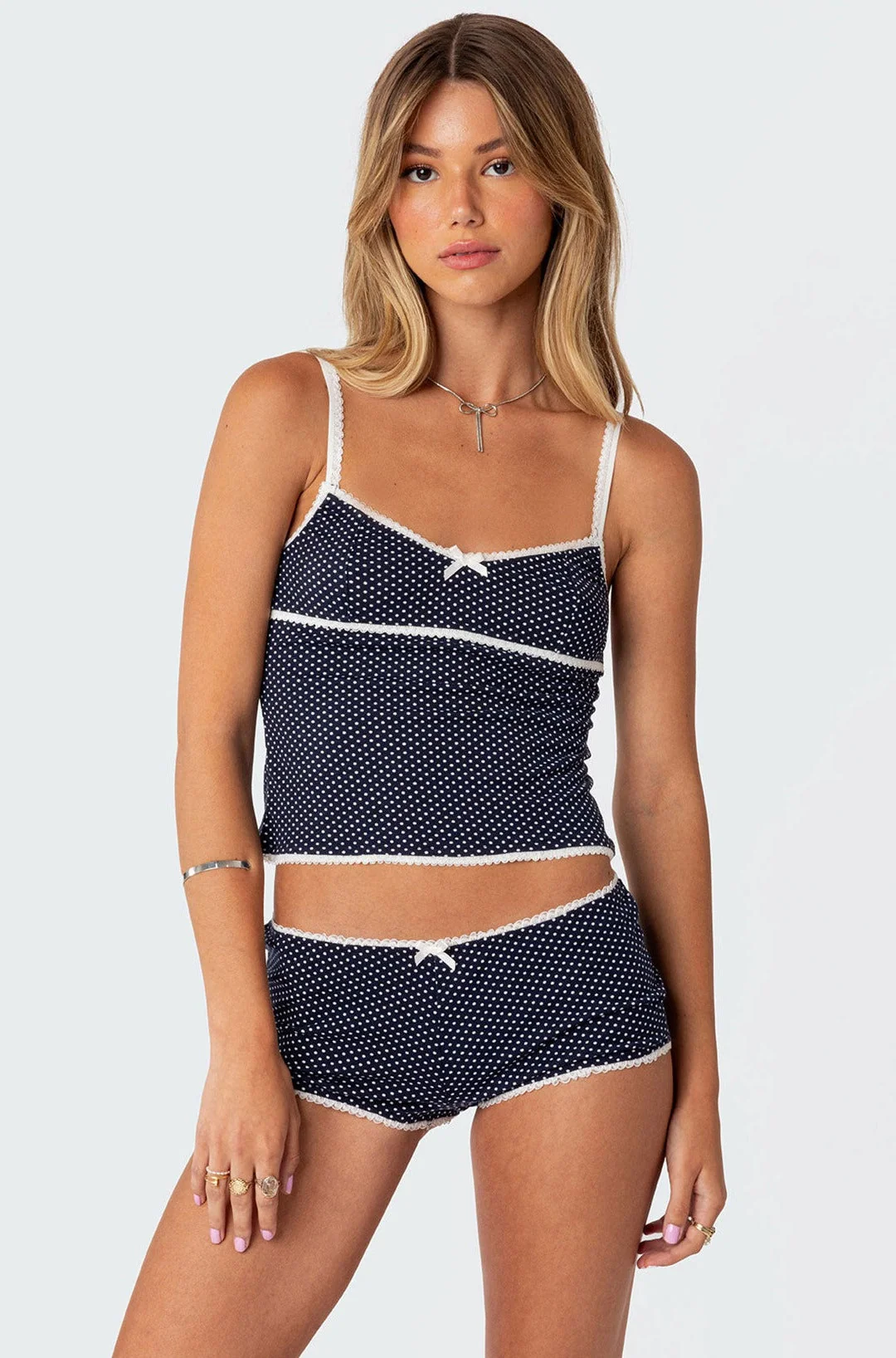 Navy Lace Trim Tank Top with Adjustable Straps