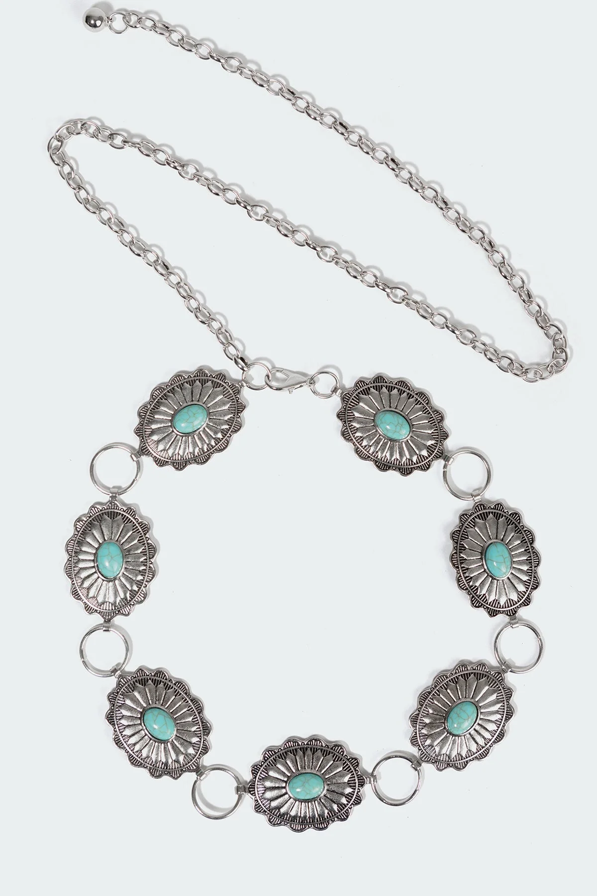 Turquoise Stone Pendant Belt - Adjustable Silver Tone