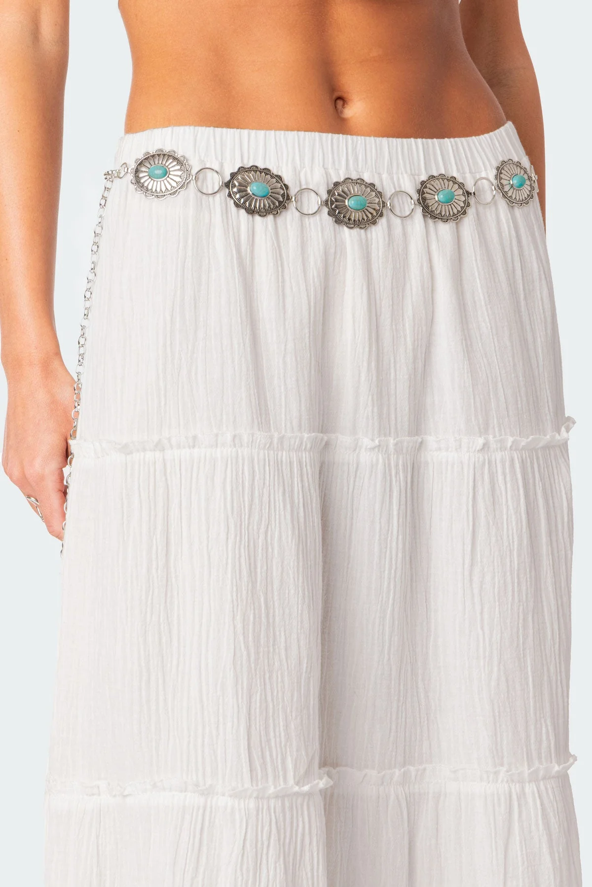 Turquoise Stone Pendant Belt - Adjustable Silver Tone